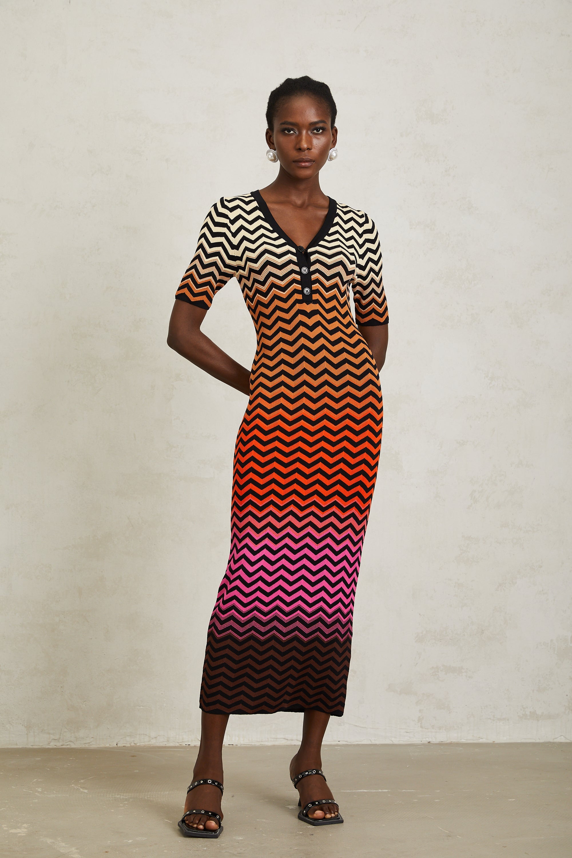 Charitina Brown Gradient Zigzag Knit Midi Dress (Final Sale-US Only)