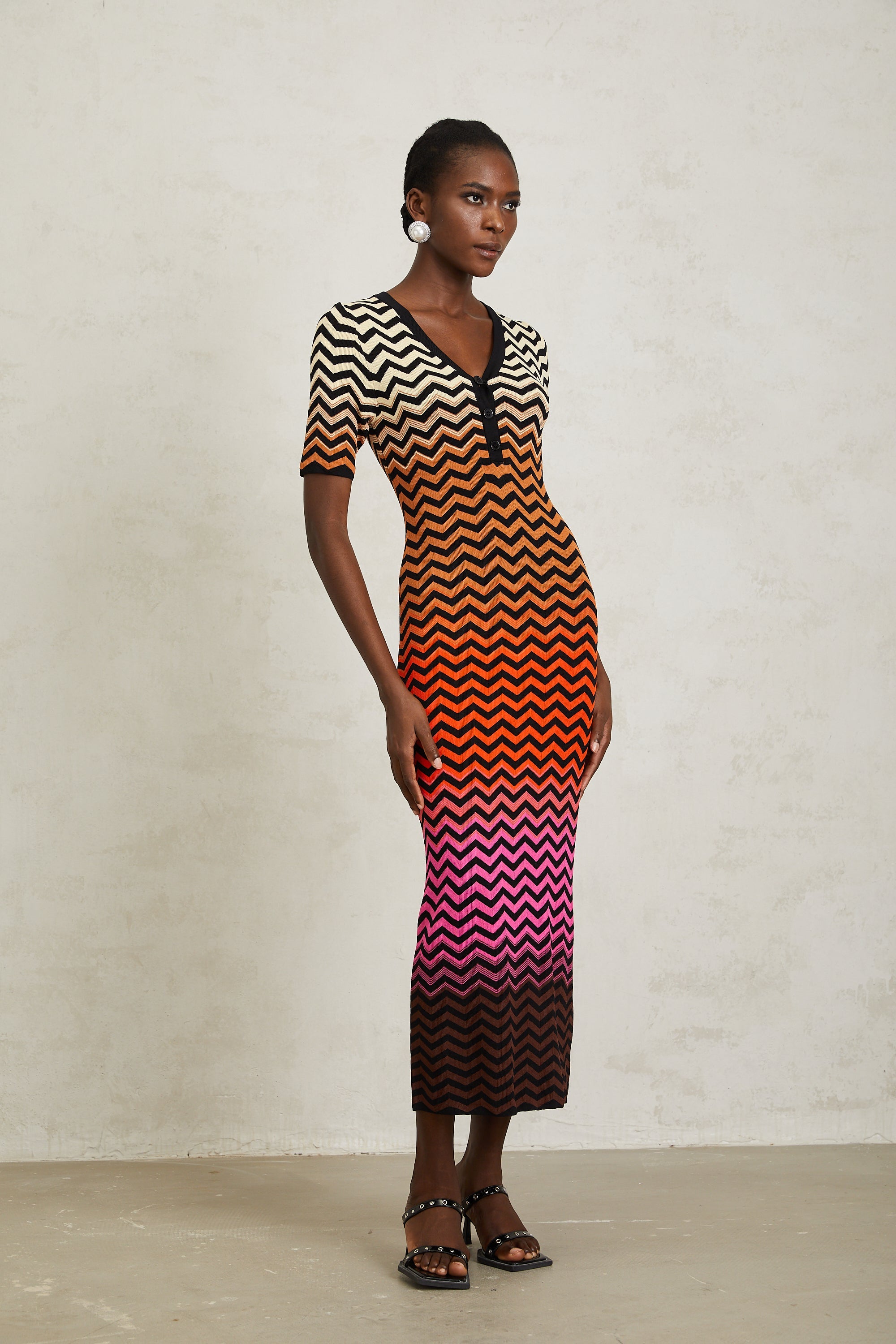 Charitina Brown Gradient Zigzag Knit Midi Dress (Final Sale-US Only)