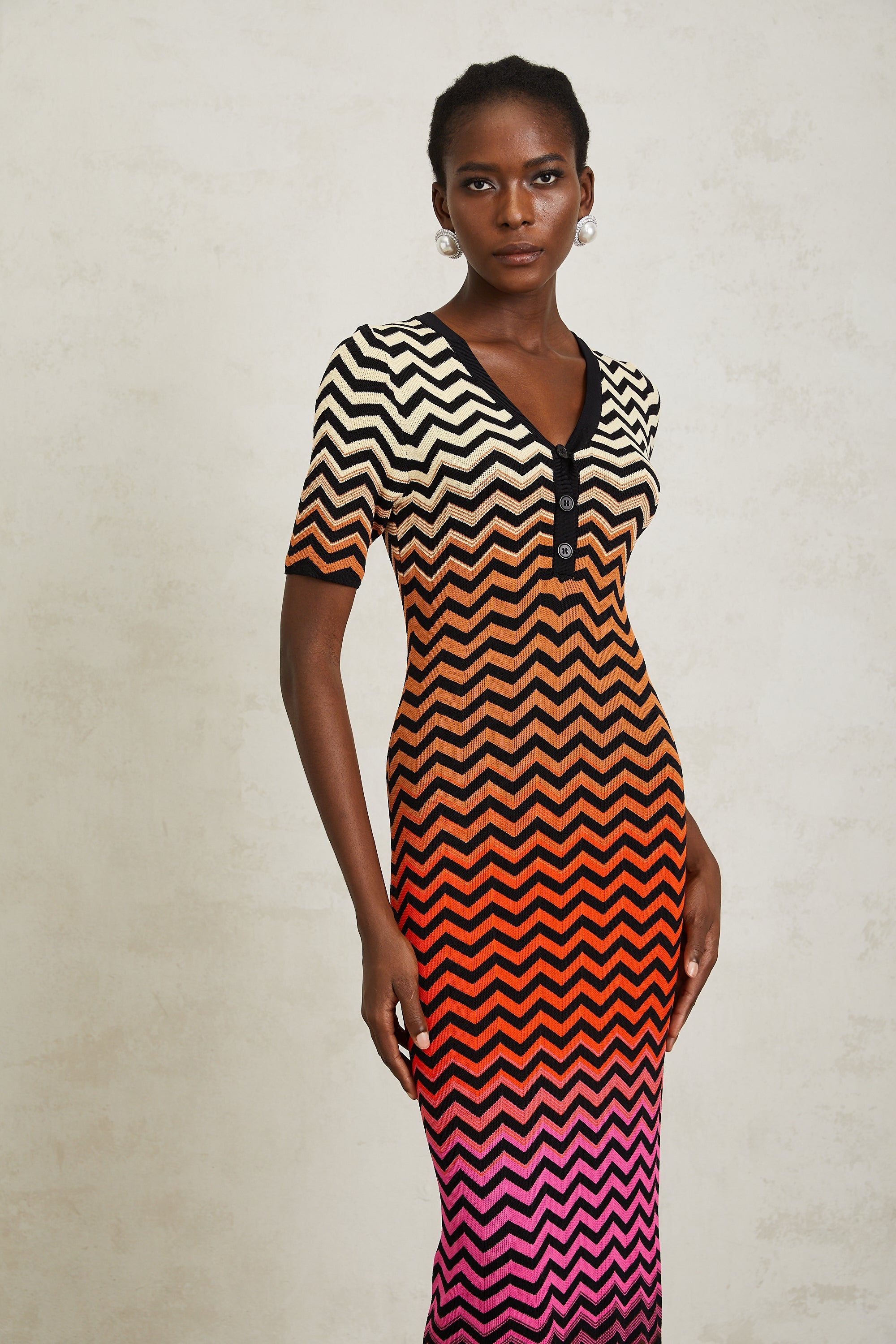 Charitina Brown Gradient Zigzag Knit Midi Dress (Final Sale-US Only)