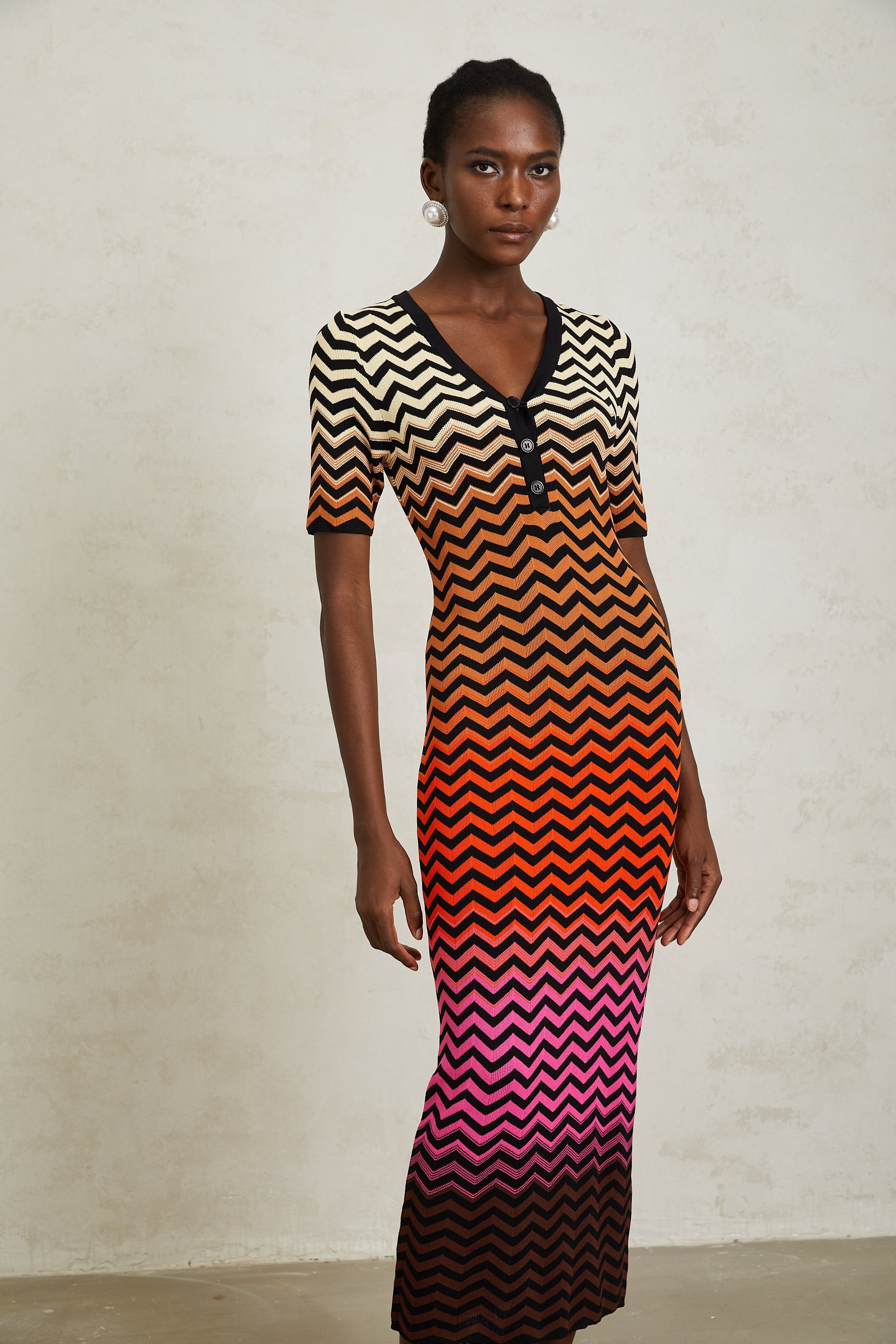 Charitina Brown Gradient Zigzag Knit Midi Dress (Final Sale-US Only)