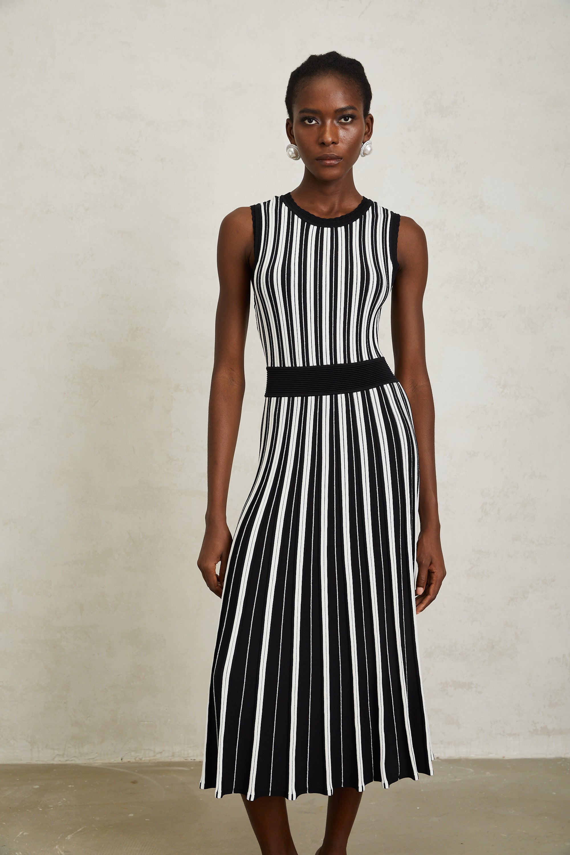 Capucine Black Vertical Striped Knit Midi Dress