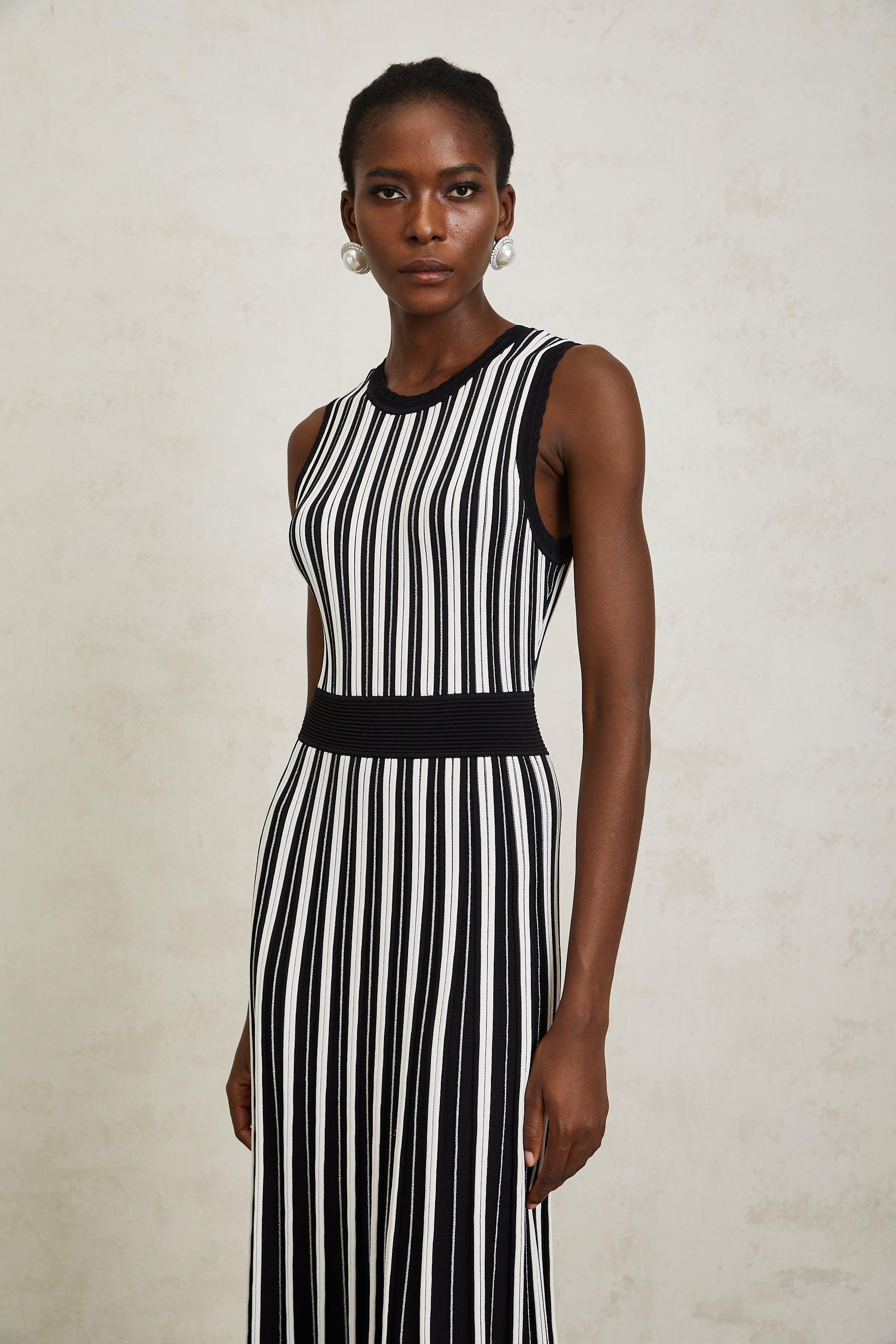 Capucine Black Vertical Striped Knit Midi Dress