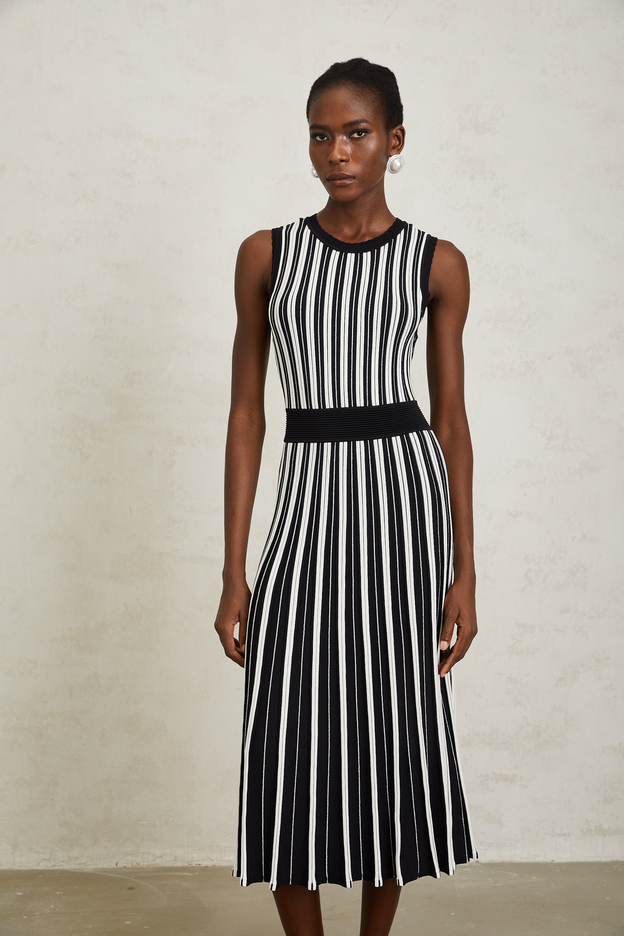 Capucine Black Vertical Striped Knit Midi Dress