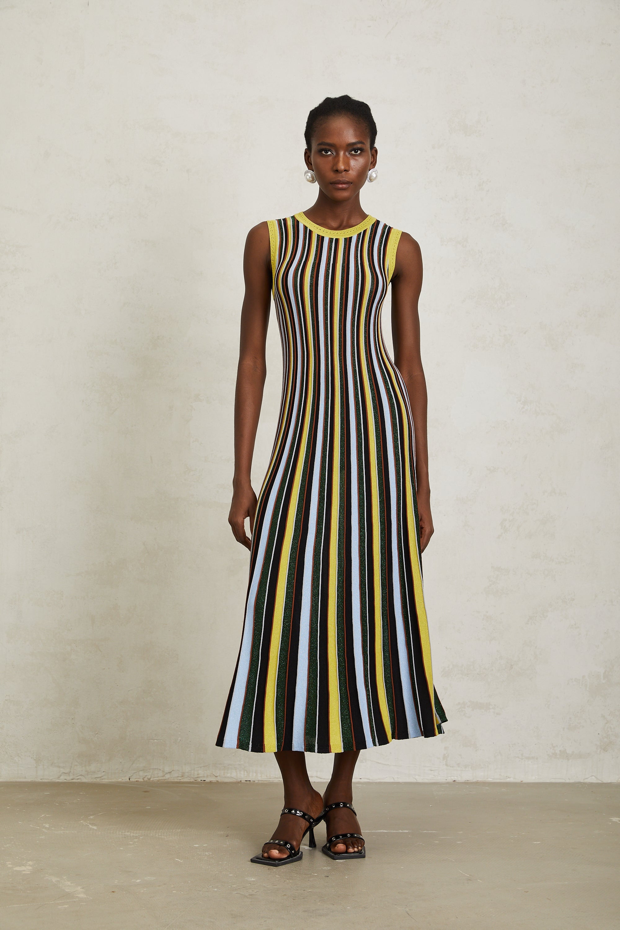 Clémence Yellow Vertical Striped Knit Midi Dress