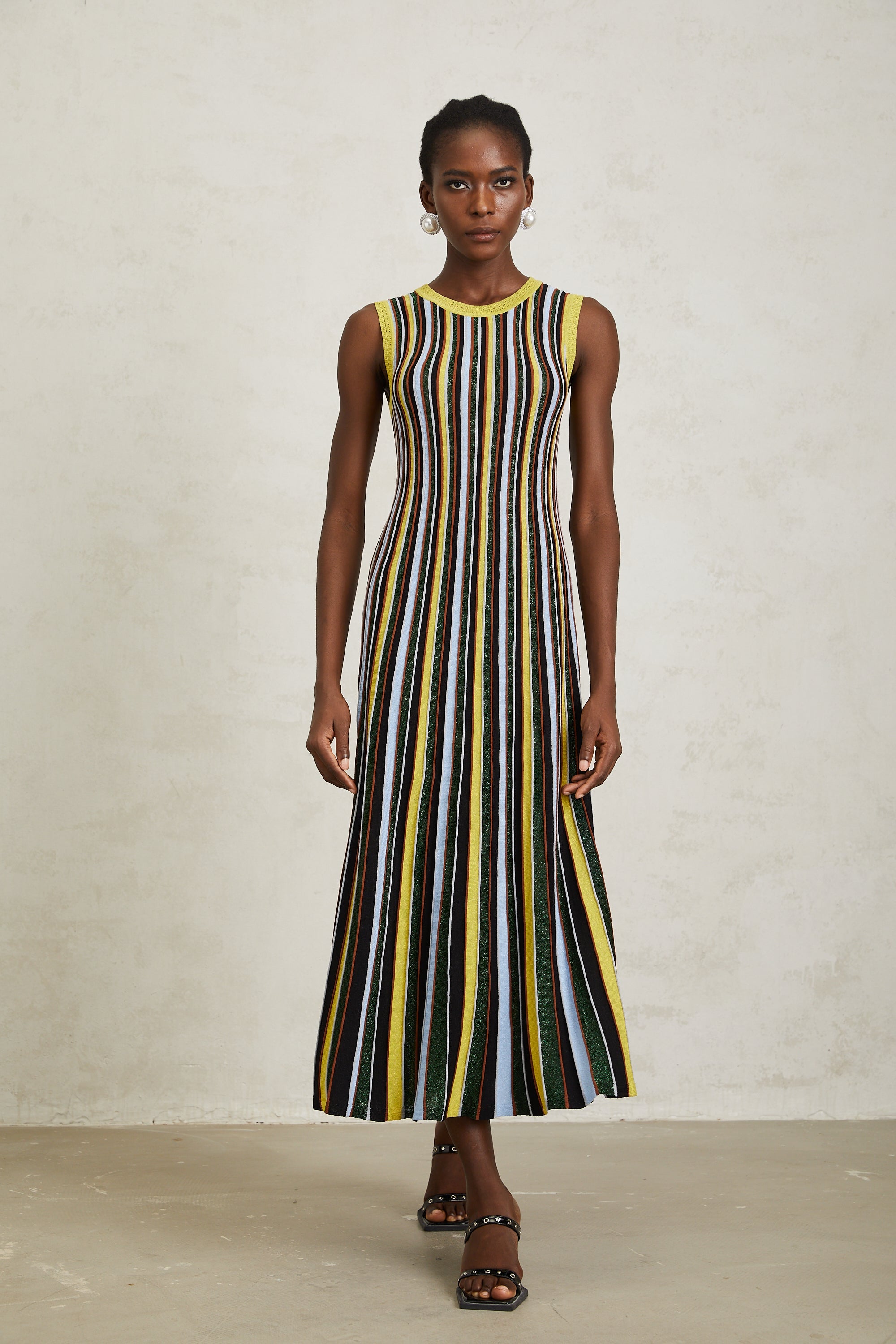 Clémence Yellow Vertical Striped Knit Midi Dress