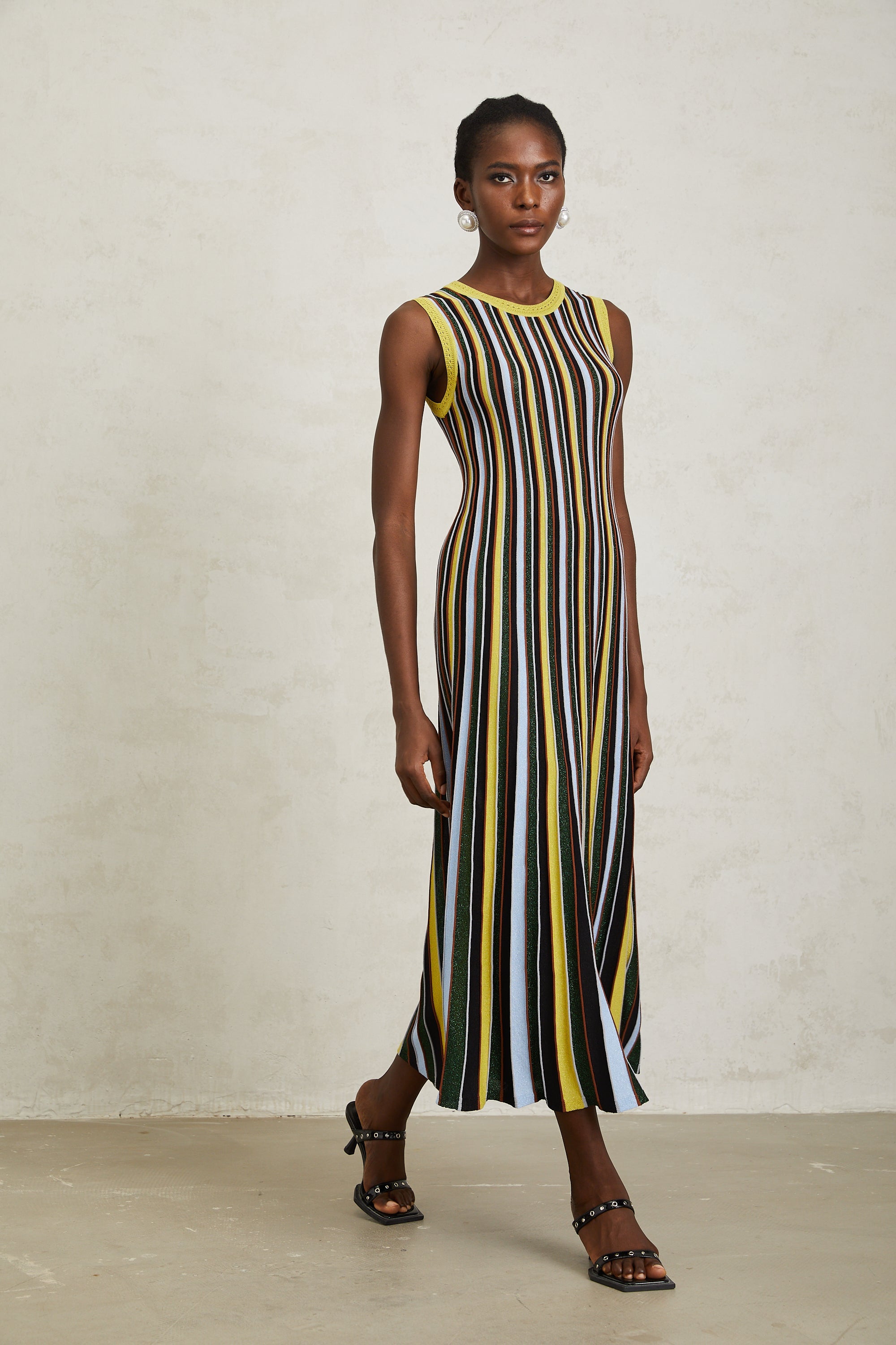 Clémence Yellow Vertical Striped Knit Midi Dress