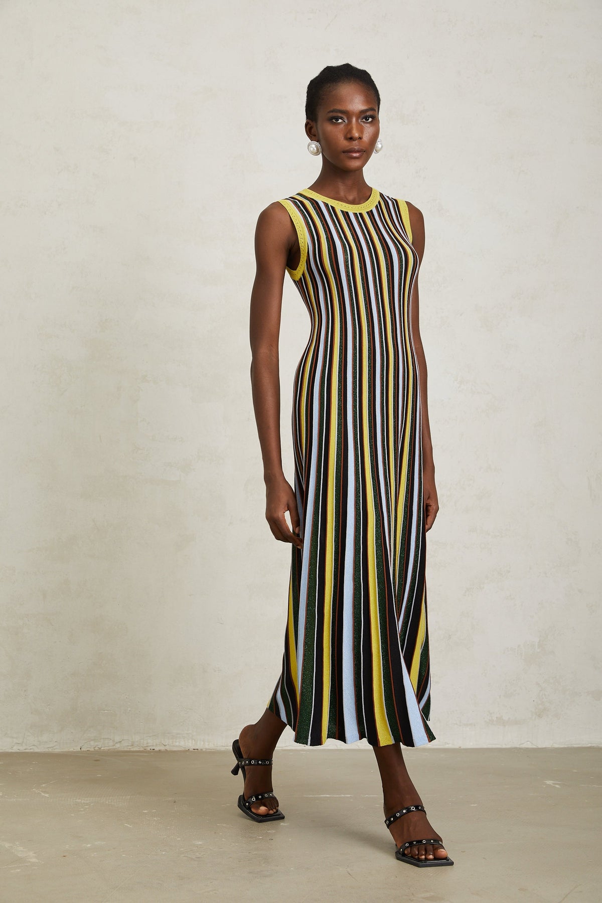 Clémence Yellow Vertical Striped Knit Midi Dress