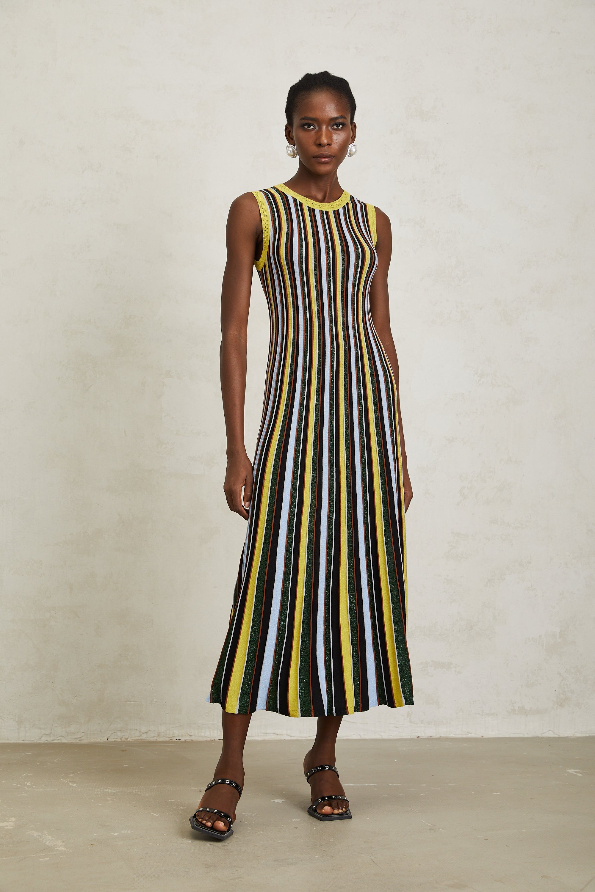 Clémence Yellow Vertical Striped Knit Midi Dress