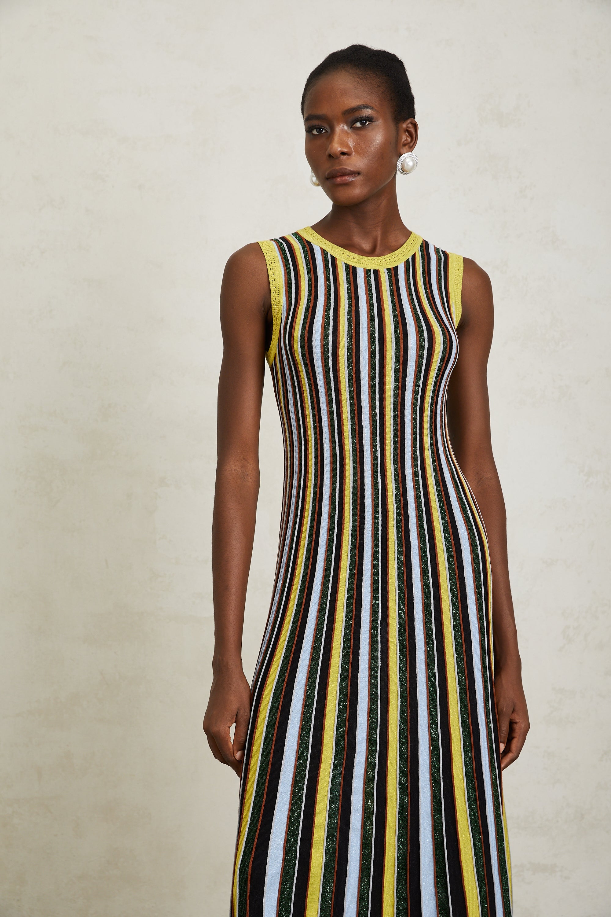 Clémence Yellow Vertical Striped Knit Midi Dress
