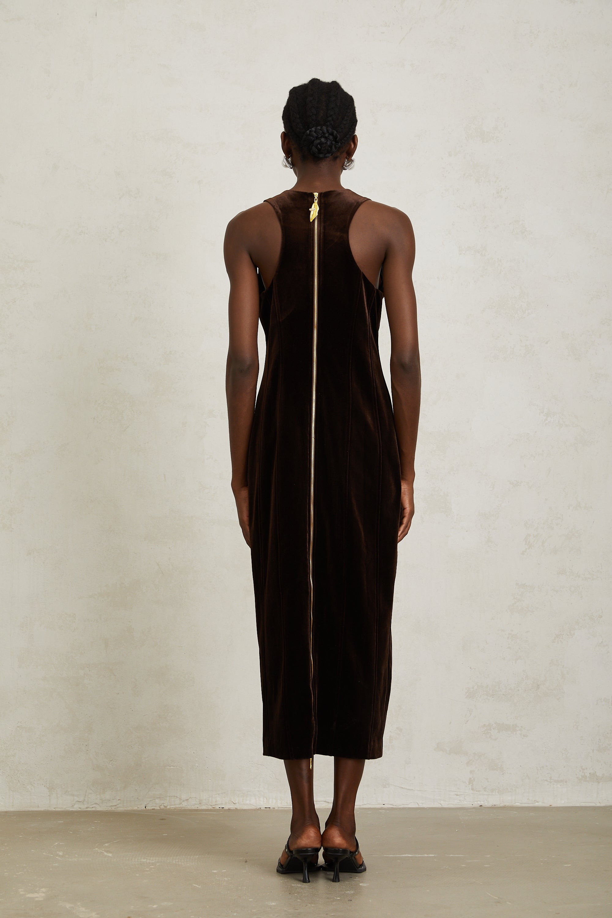 Ysandre Brown Keyhole Velvet Midi Dress