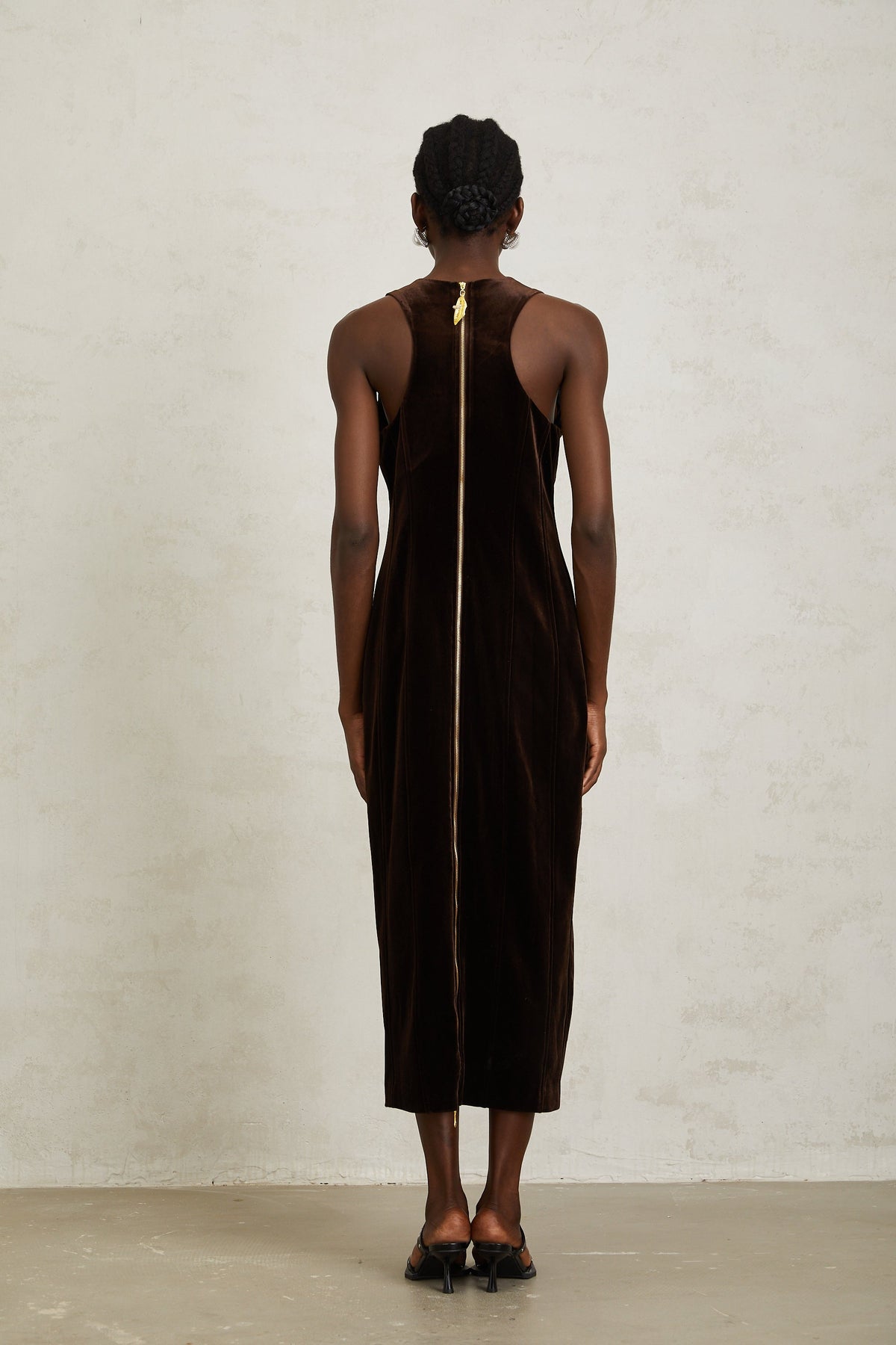Ysandre Brown Keyhole Velvet Midi Dress