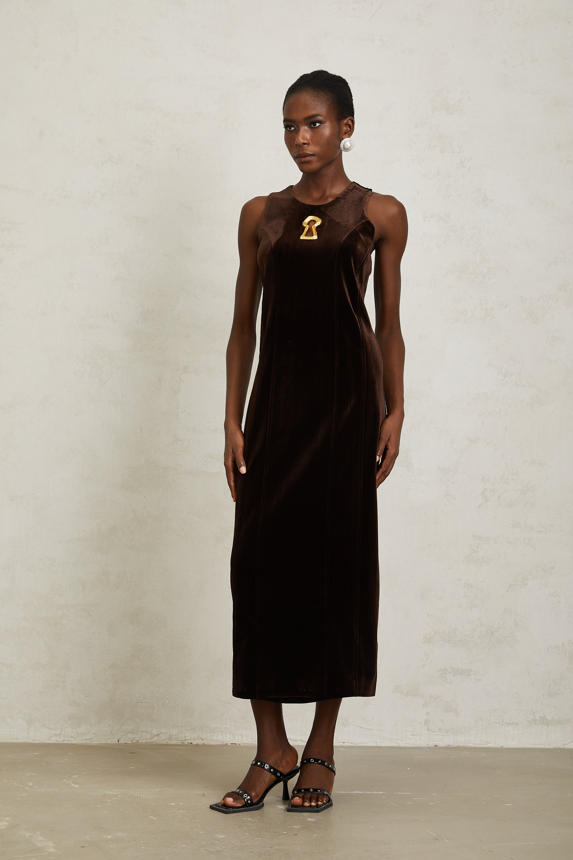 Ysandre Brown Keyhole Velvet Midi Dress