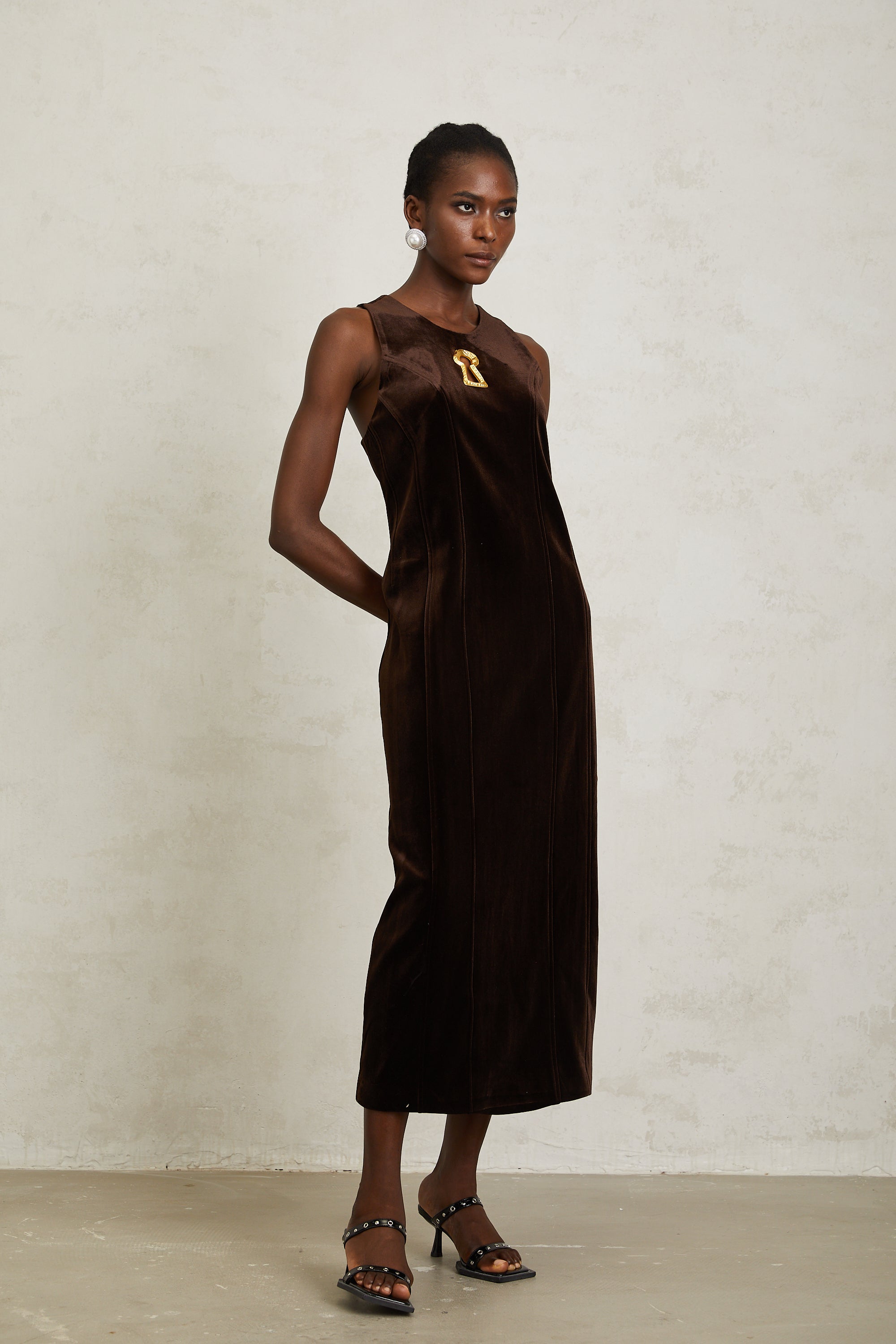 Ysandre Brown Keyhole Velvet Midi Dress