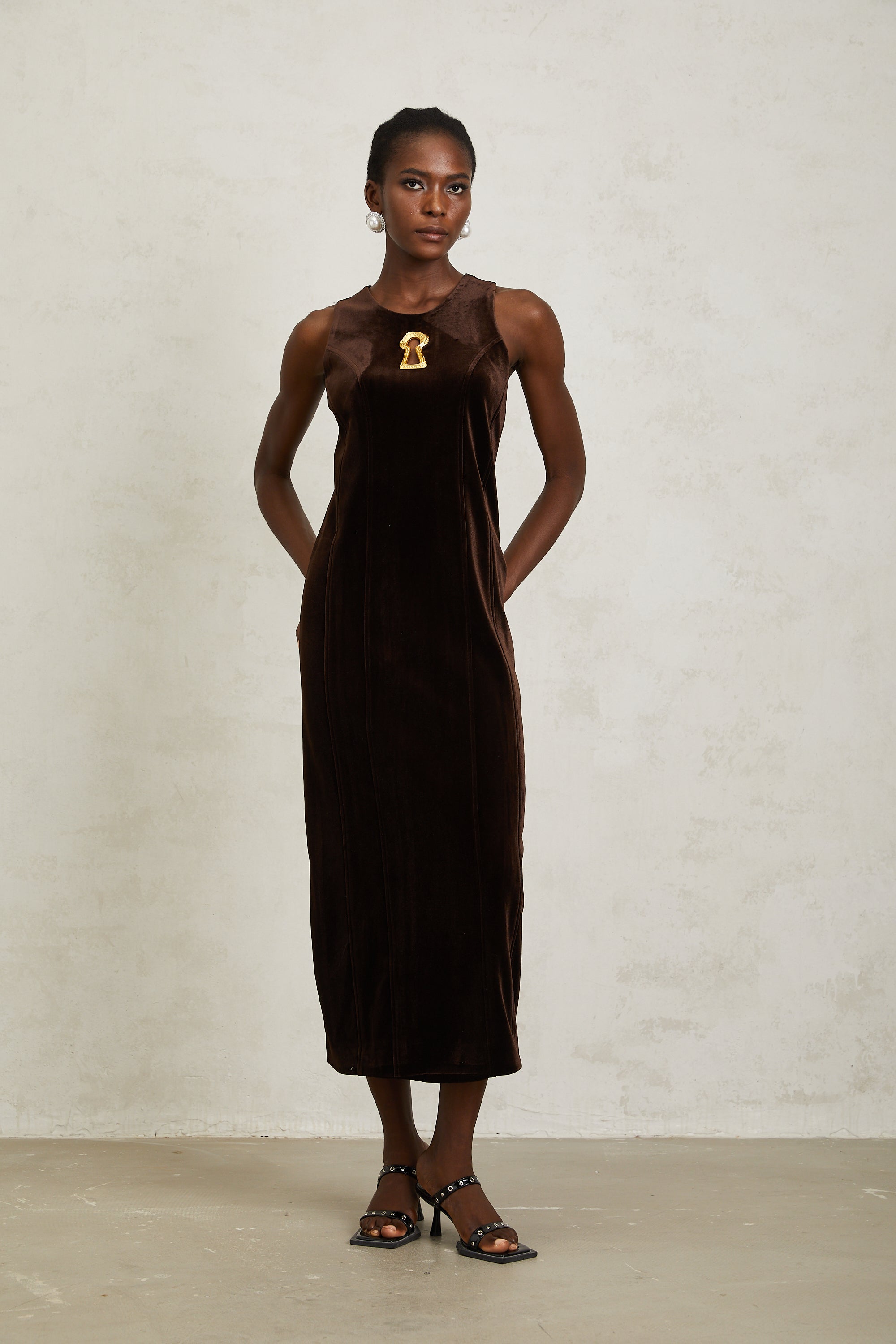 Ysandre Brown Keyhole Velvet Midi Dress