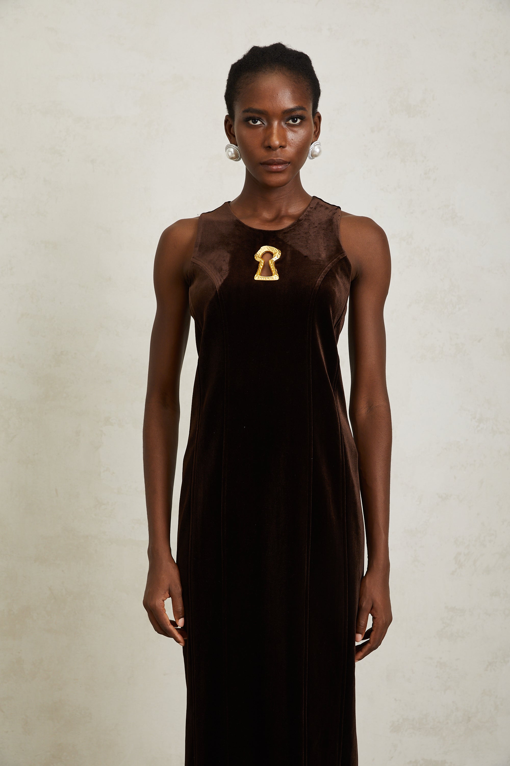 Ysandre Brown Keyhole Velvet Midi Dress