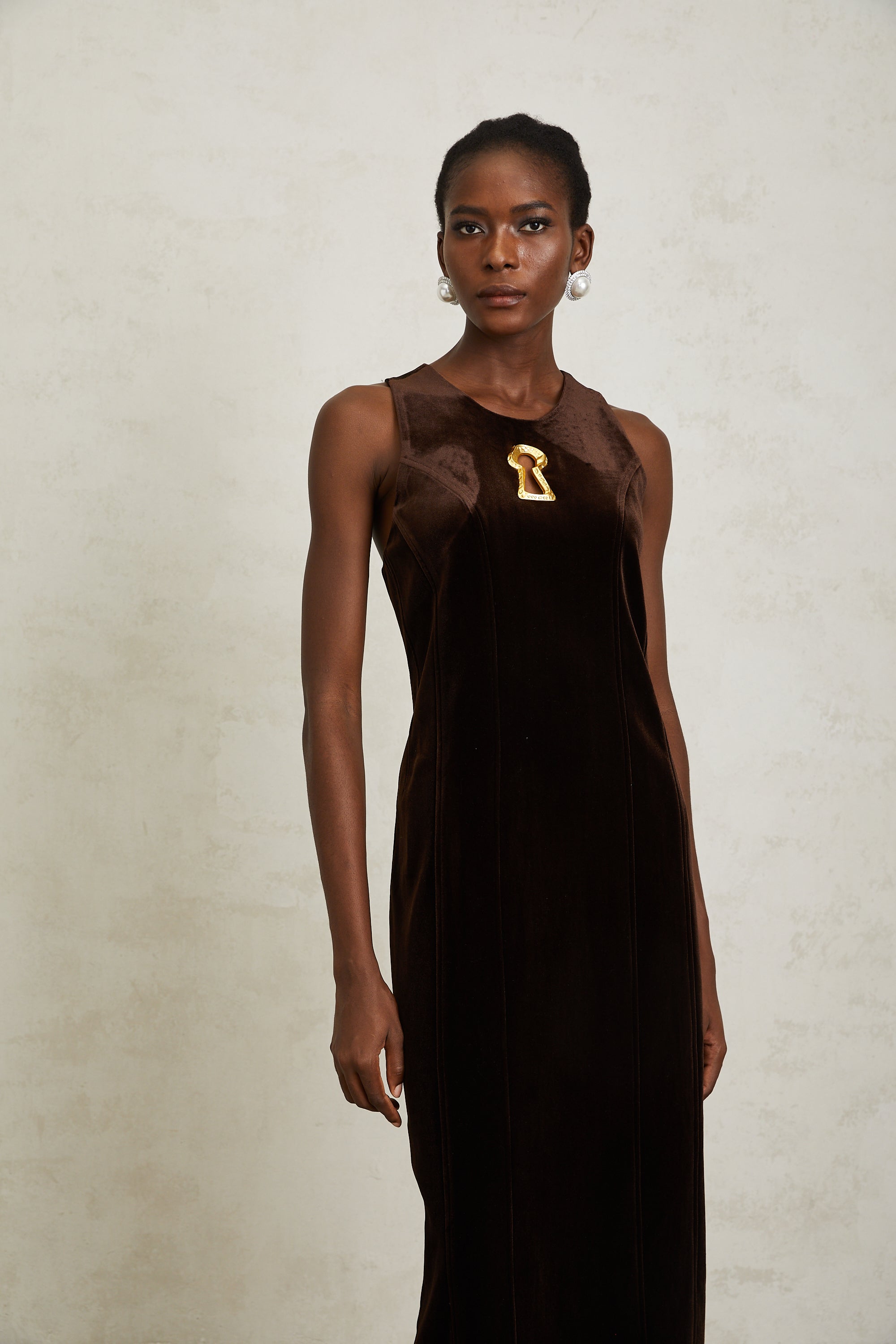 Ysandre Brown Keyhole Velvet Midi Dress