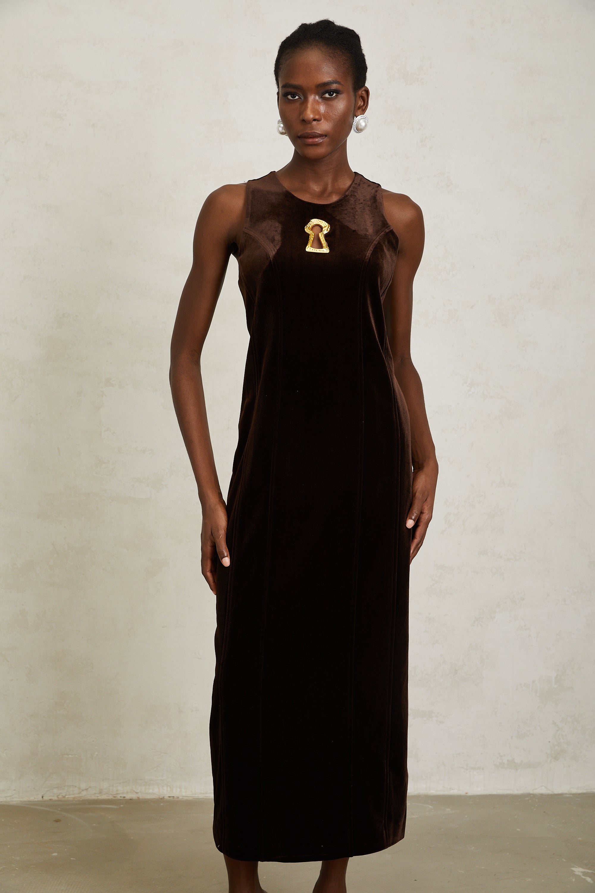 Ysandre Brown Keyhole Velvet Midi Dress