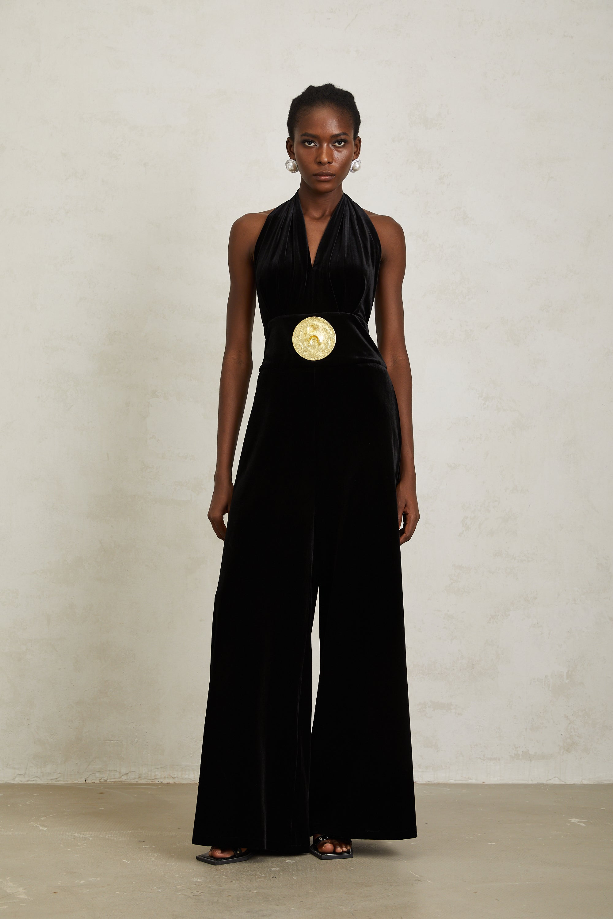 Valentine Black Halterneck Velvet Jumpsuit