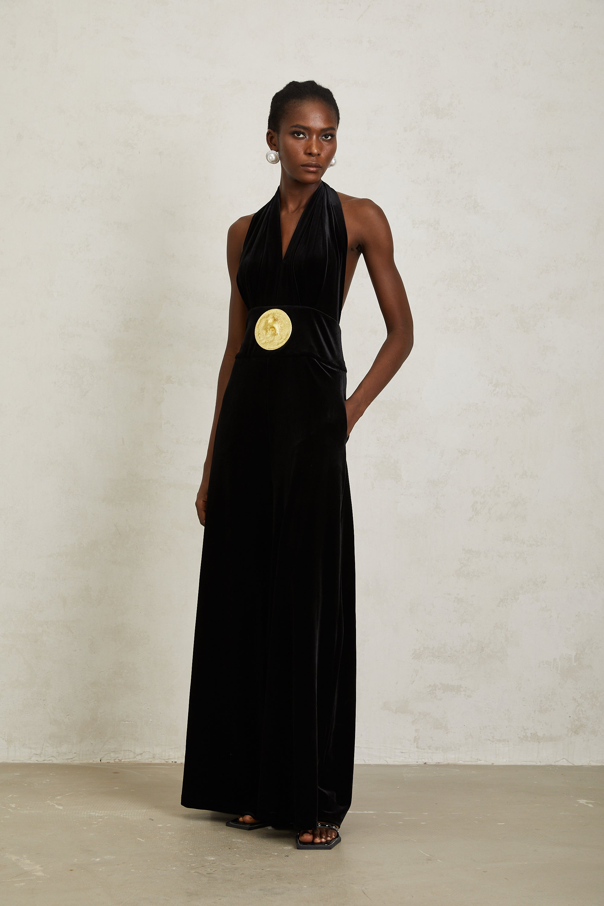 Valentine Black Halterneck Velvet Jumpsuit