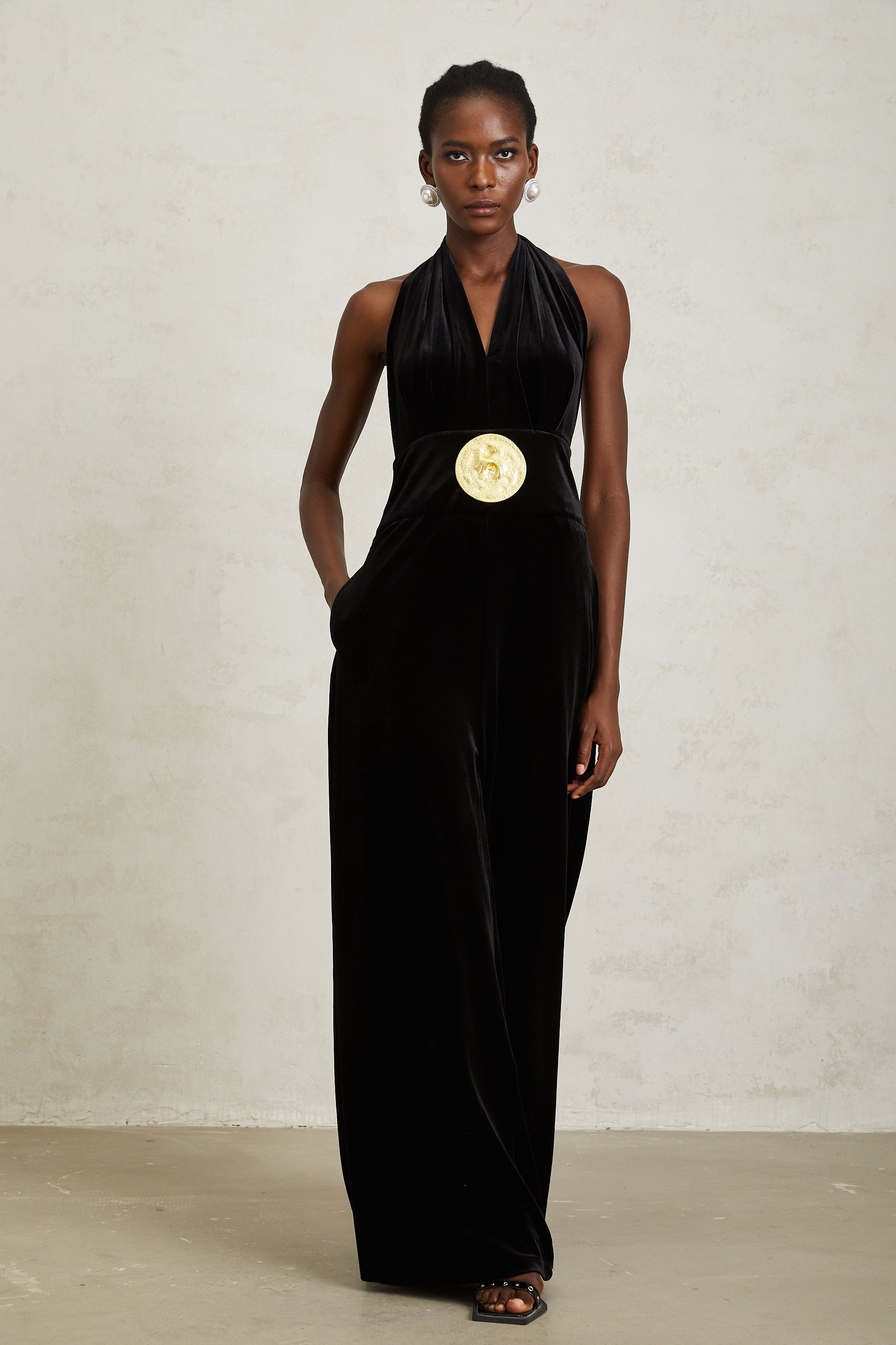 Valentine Black Halterneck Velvet Jumpsuit