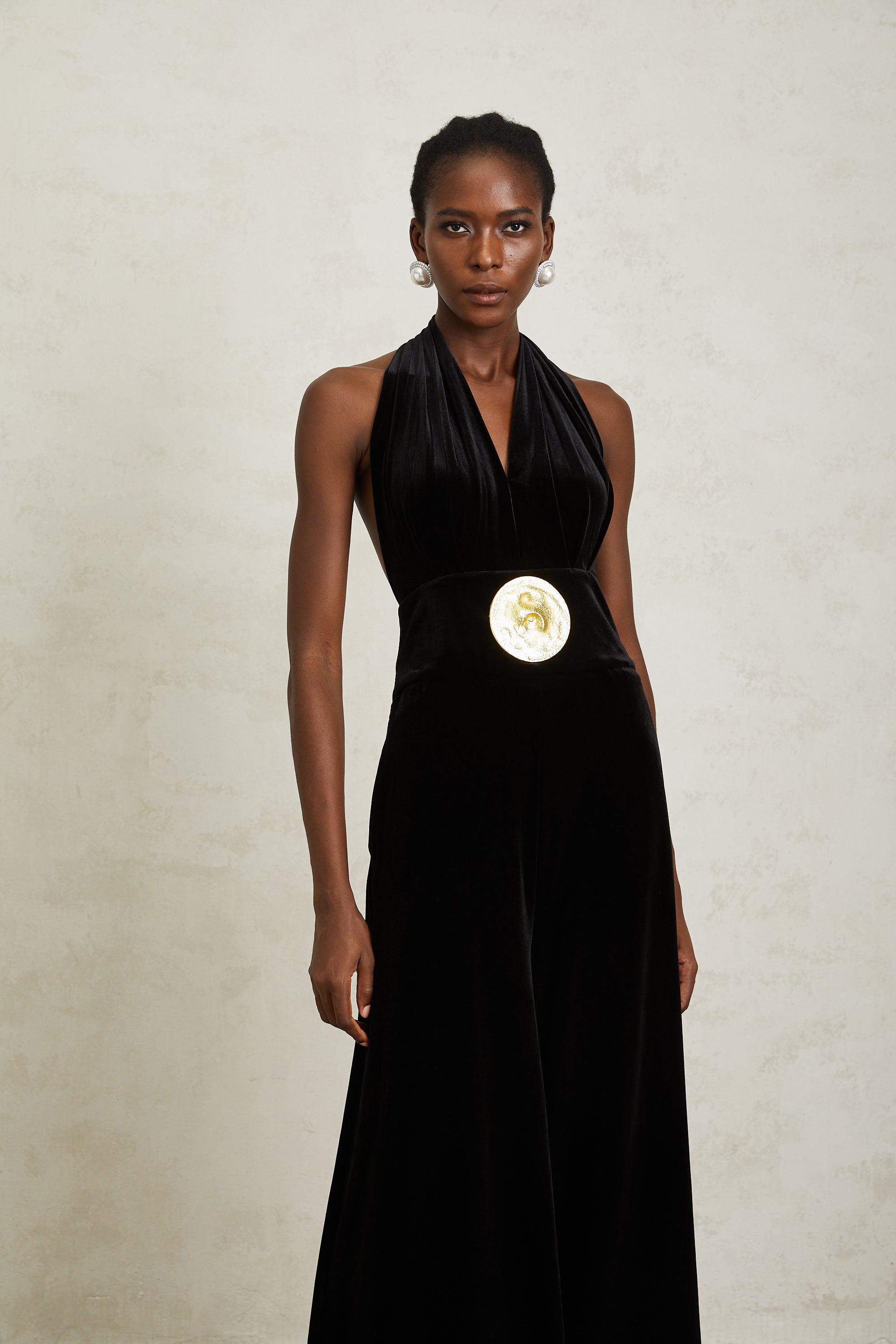 Valentine Black Halterneck Velvet Jumpsuit