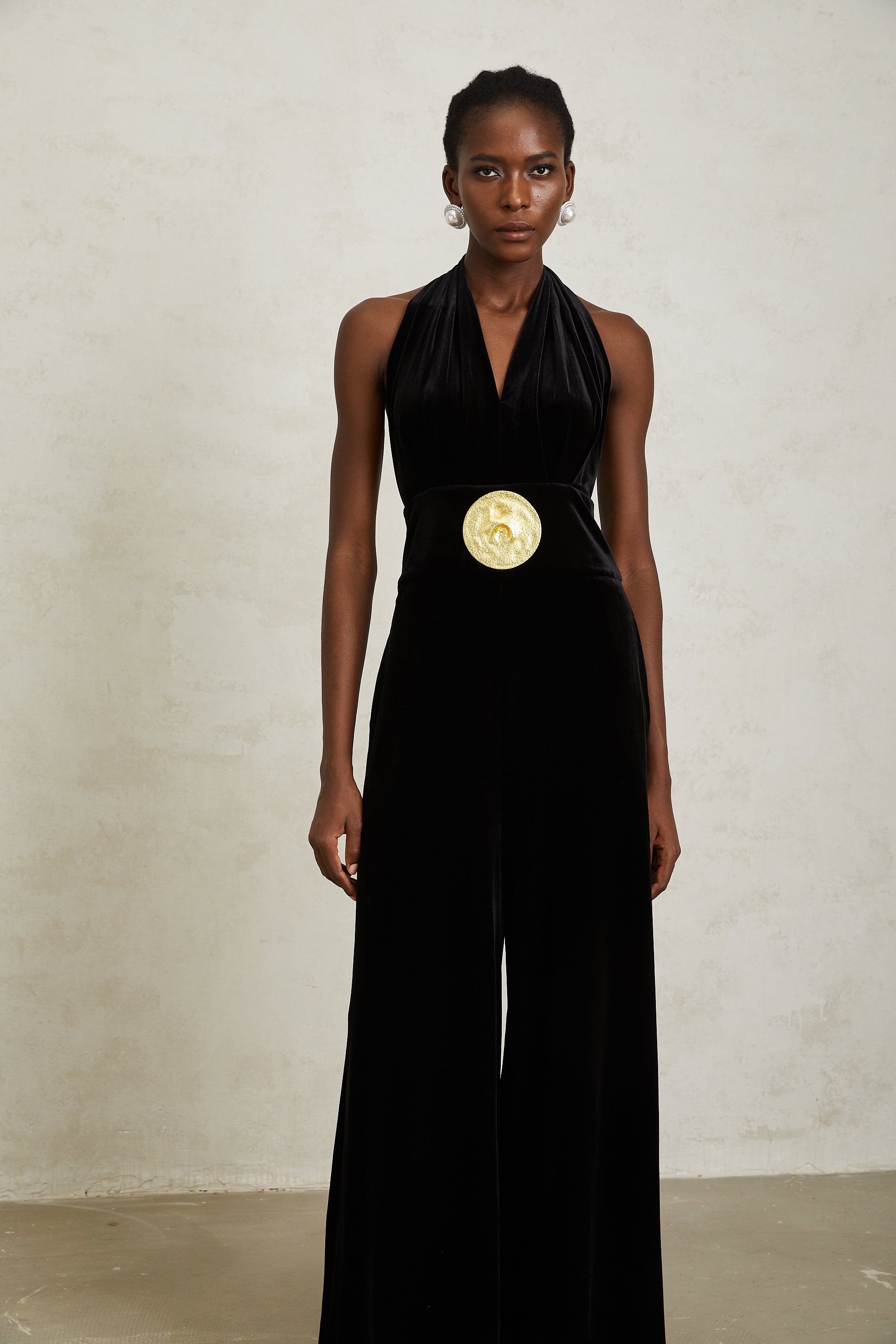 Valentine Black Halterneck Velvet Jumpsuit