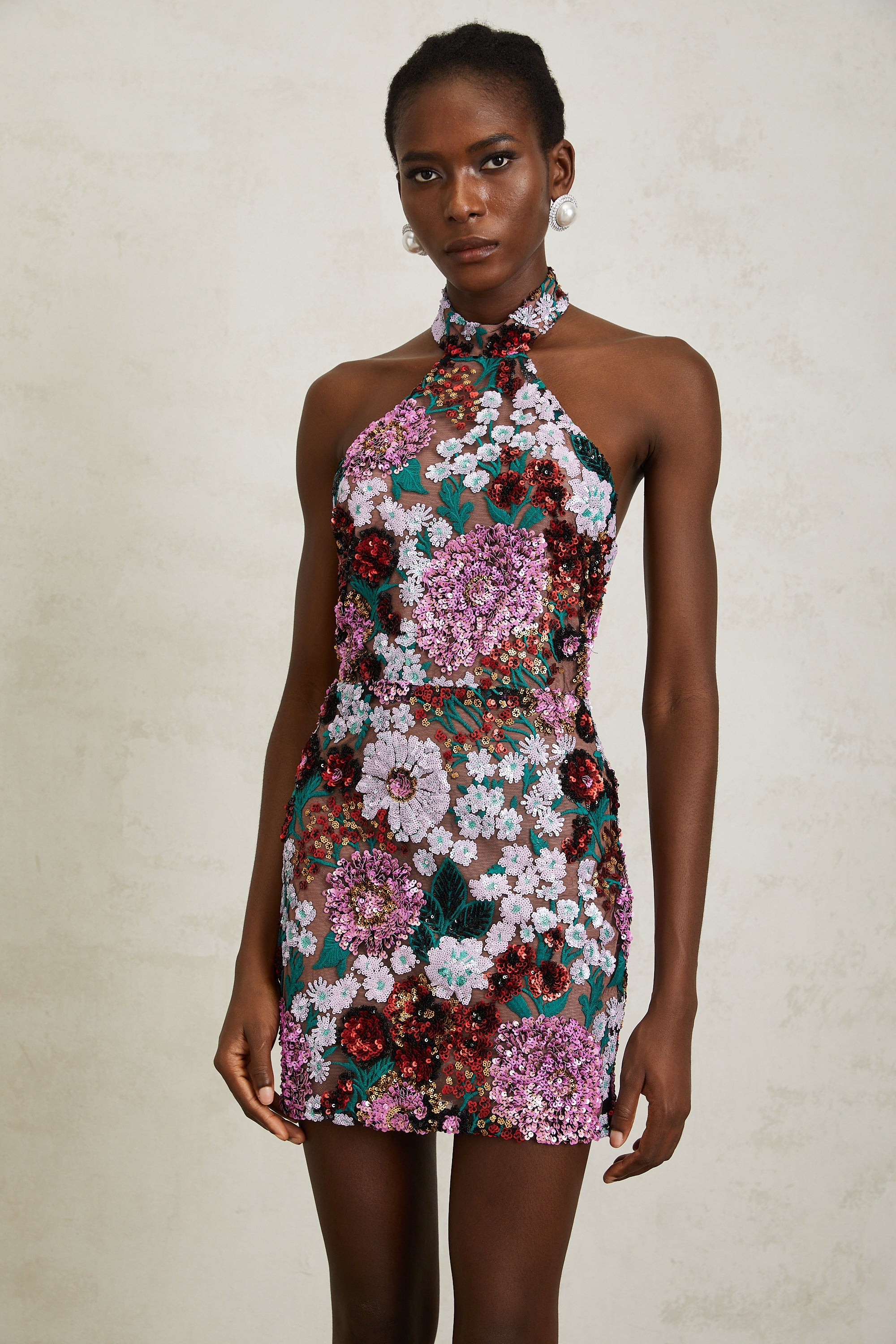 Clara Purple Sequined Floral Embroidered Mini Dress