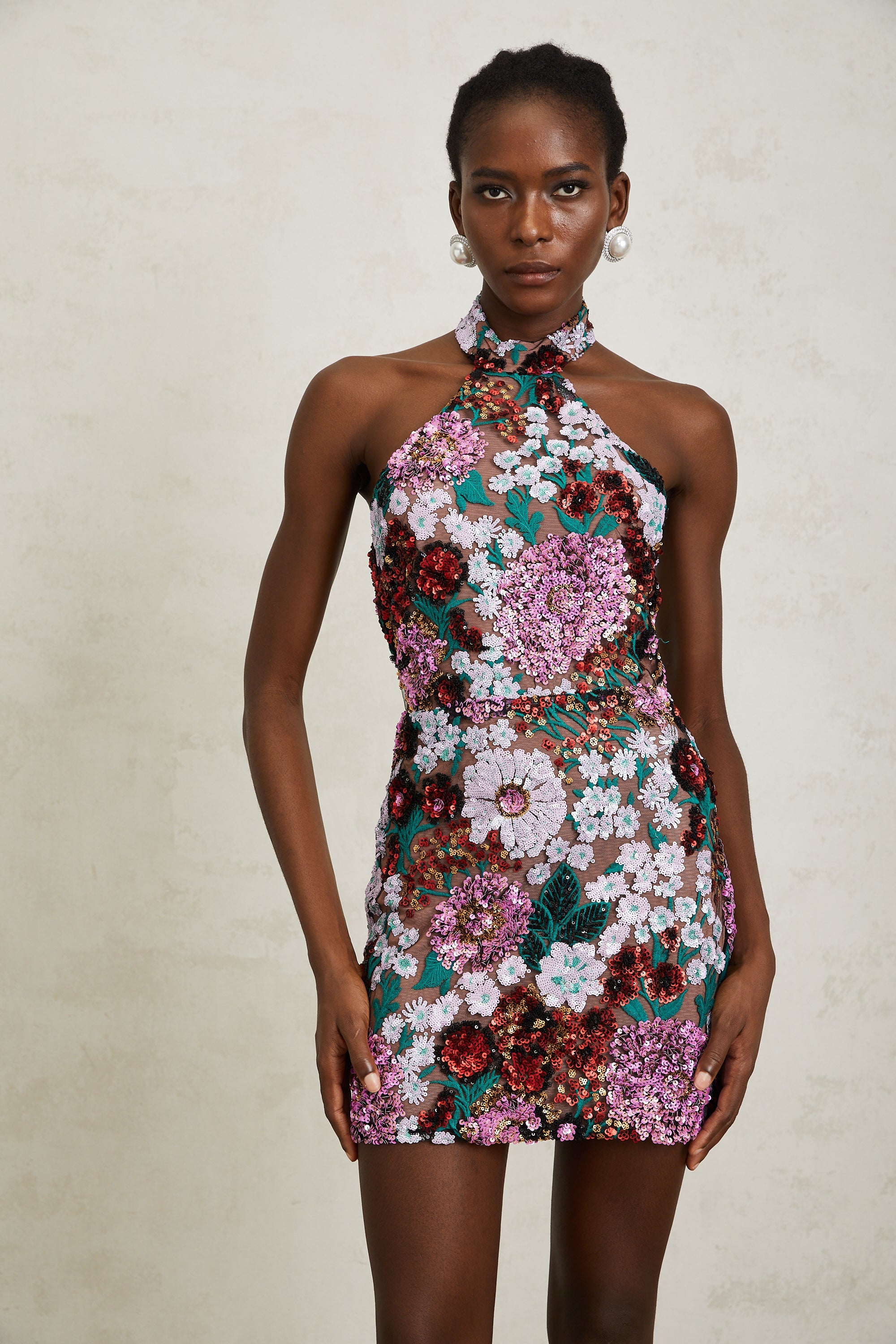 Clara Purple Sequined Floral Embroidered Mini Dress