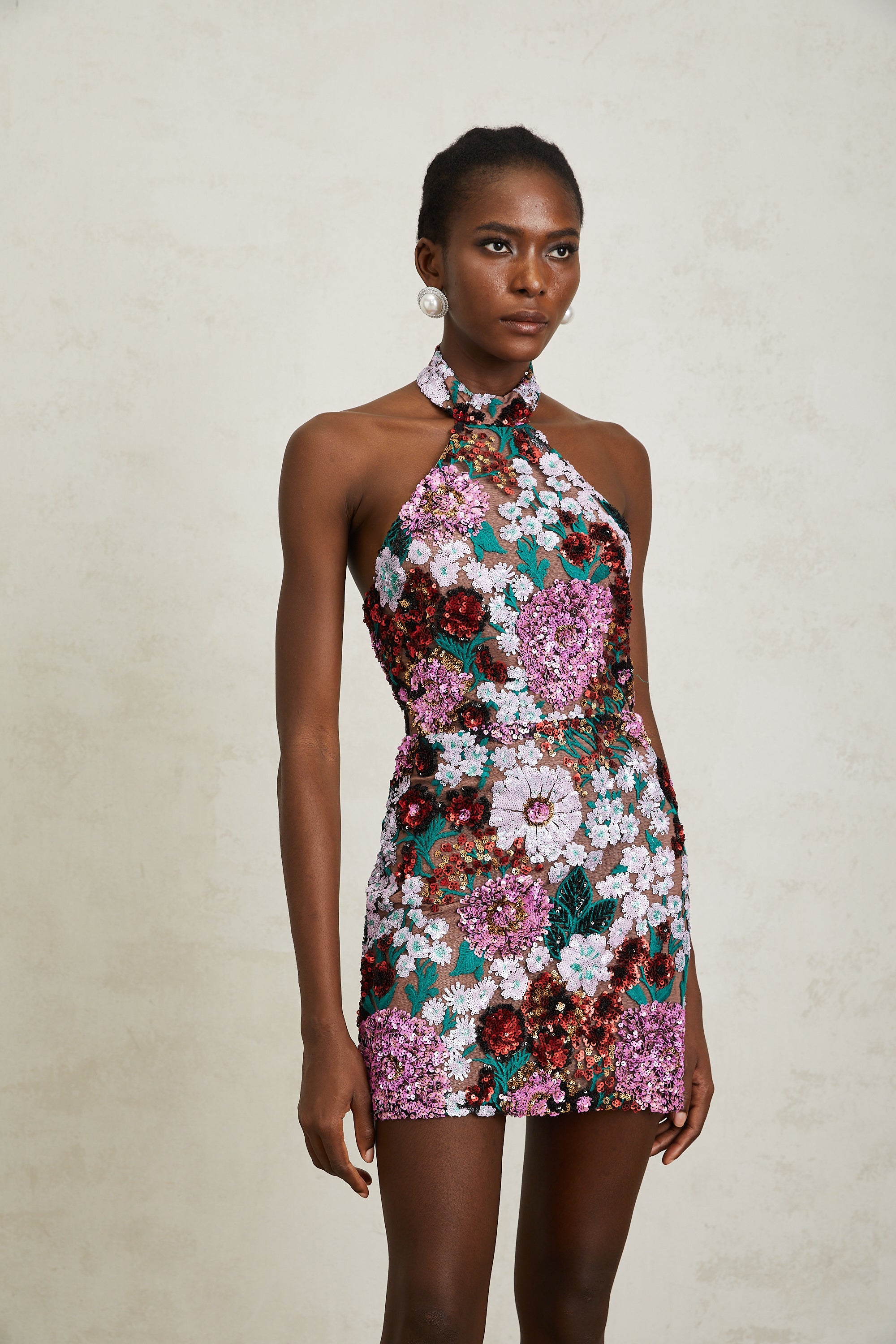 Clara Purple Sequined Floral Embroidered Mini Dress
