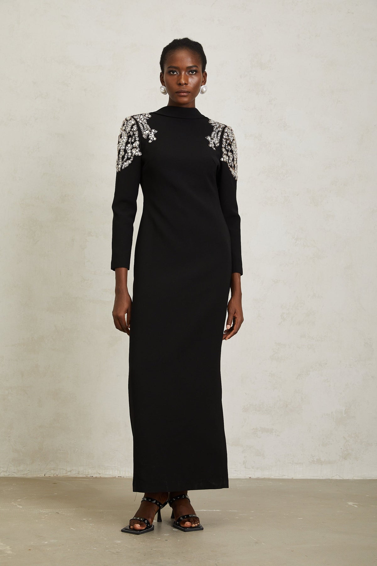 Lidia Black Open Back Embellished Maxi Dress