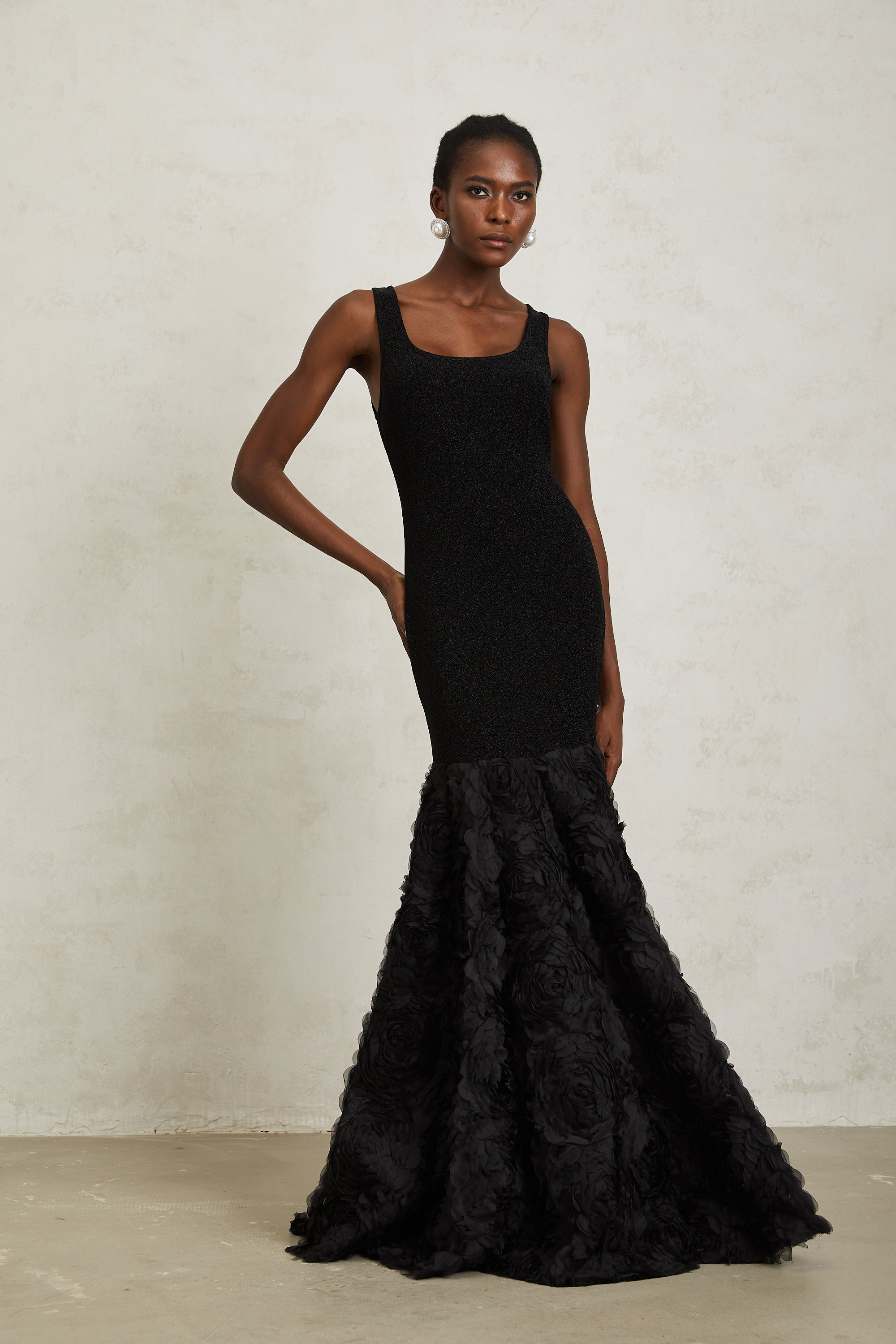 Gemma Black 3D Petal Panel Mermaid Maxi Dress