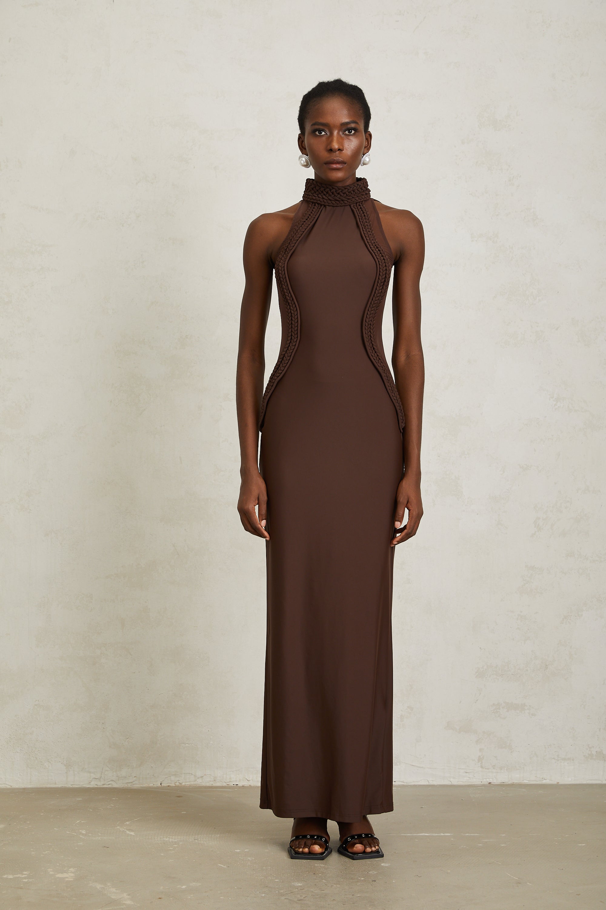 Gabriela Brown Halterneck Braid Detail Maxi Dress
