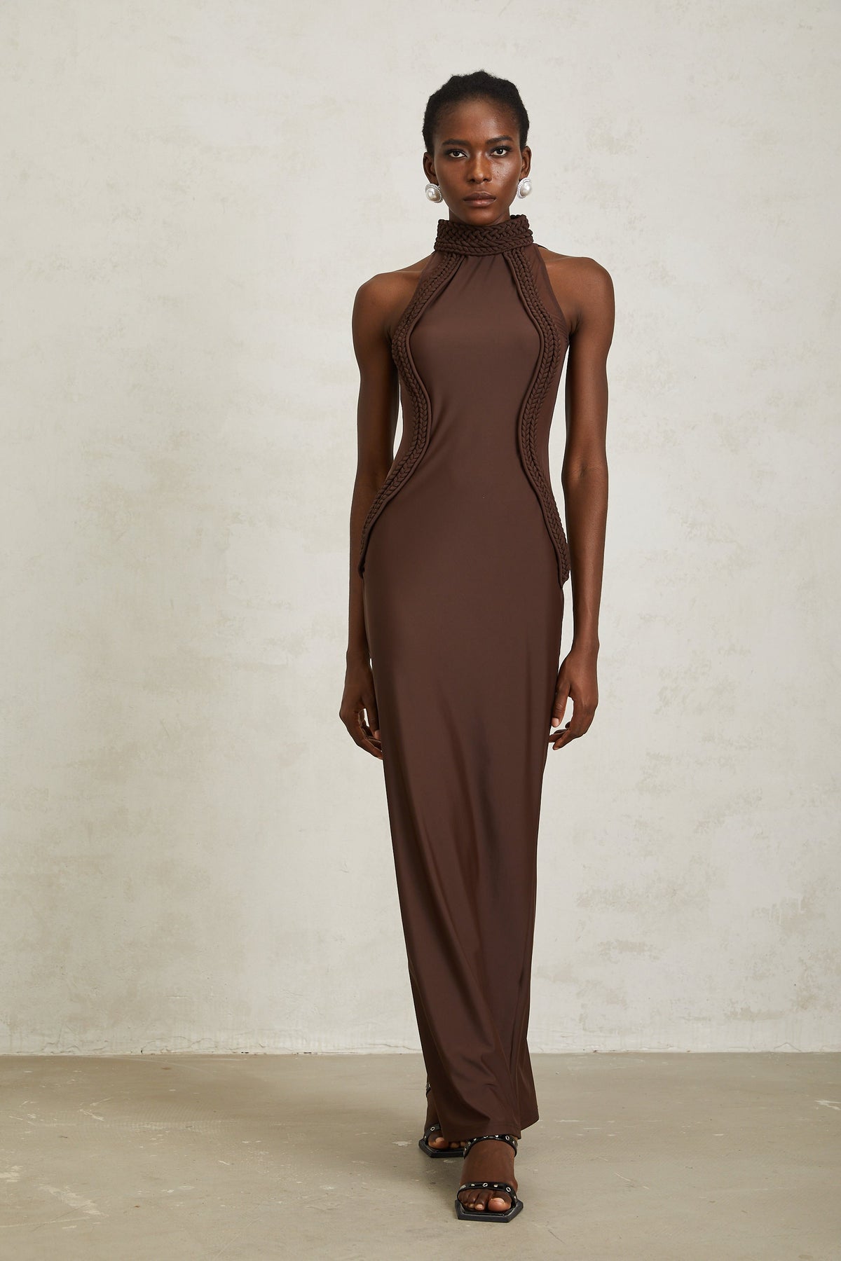 Gabriela Brown Halterneck Braid Detail Maxi Dress