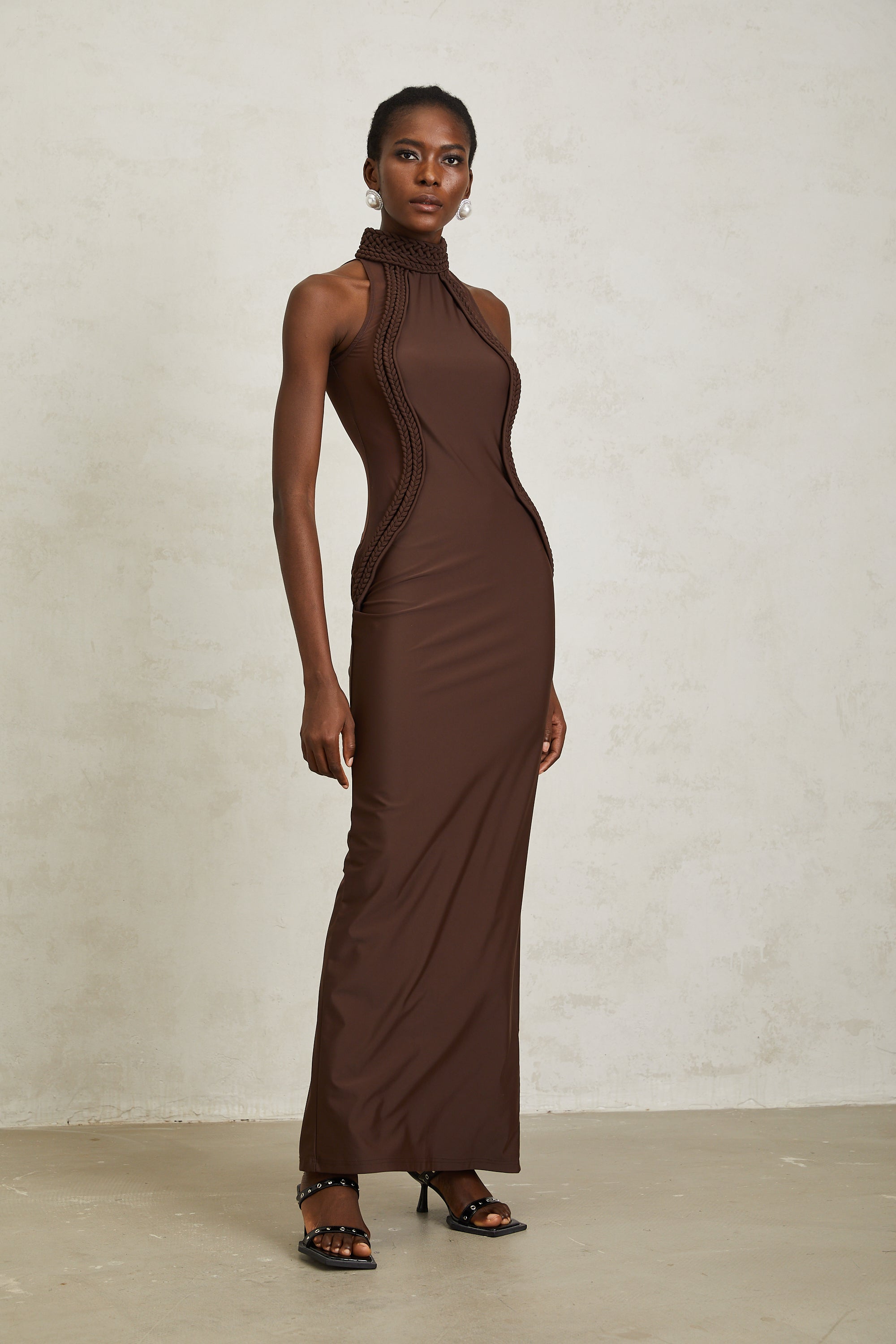 Gabriela Brown Halterneck Braid Detail Maxi Dress