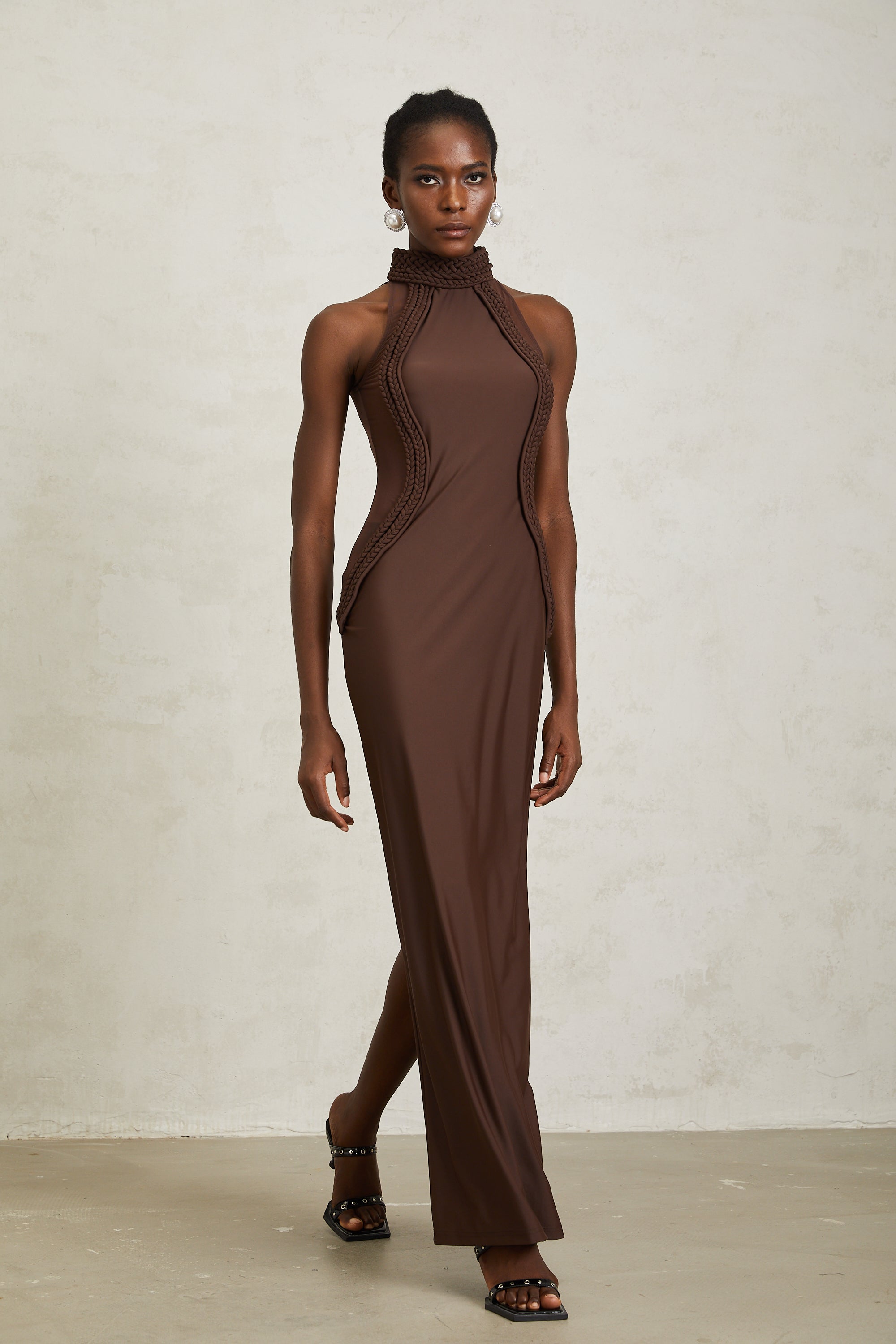 Gabriela Brown Halterneck Braid Detail Maxi Dress