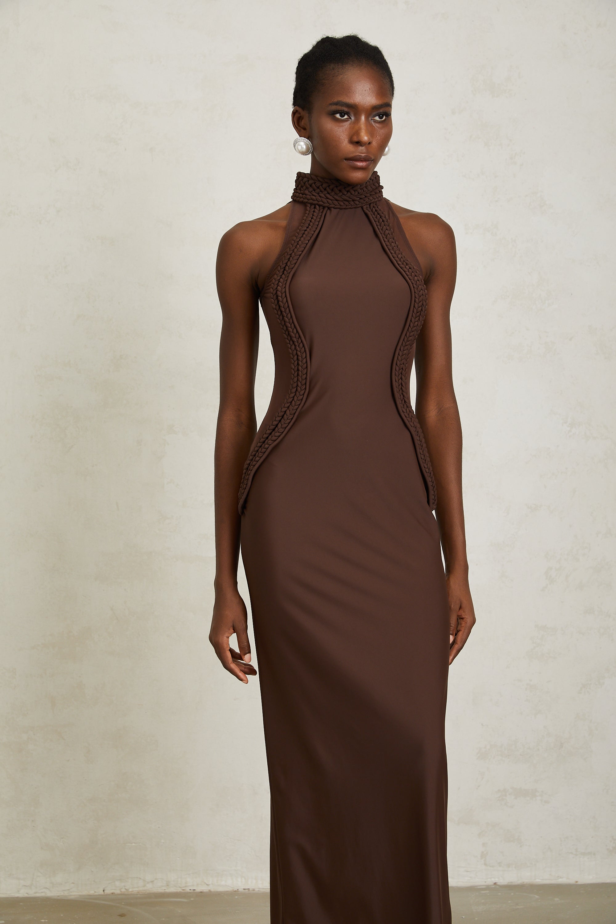 Gabriela Brown Halterneck Braid Detail Maxi Dress
