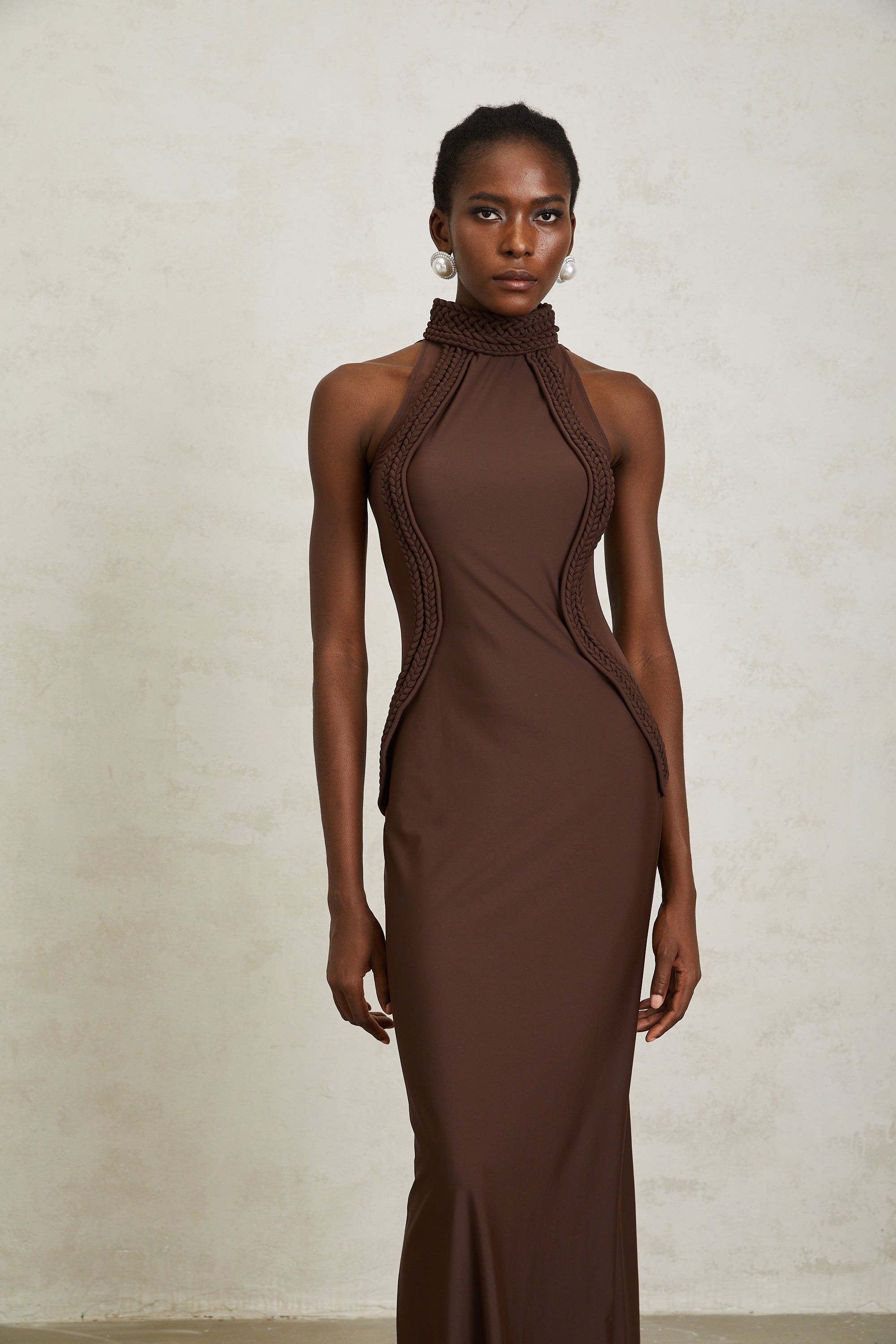 Gabriela Brown Halterneck Braid Detail Maxi Dress