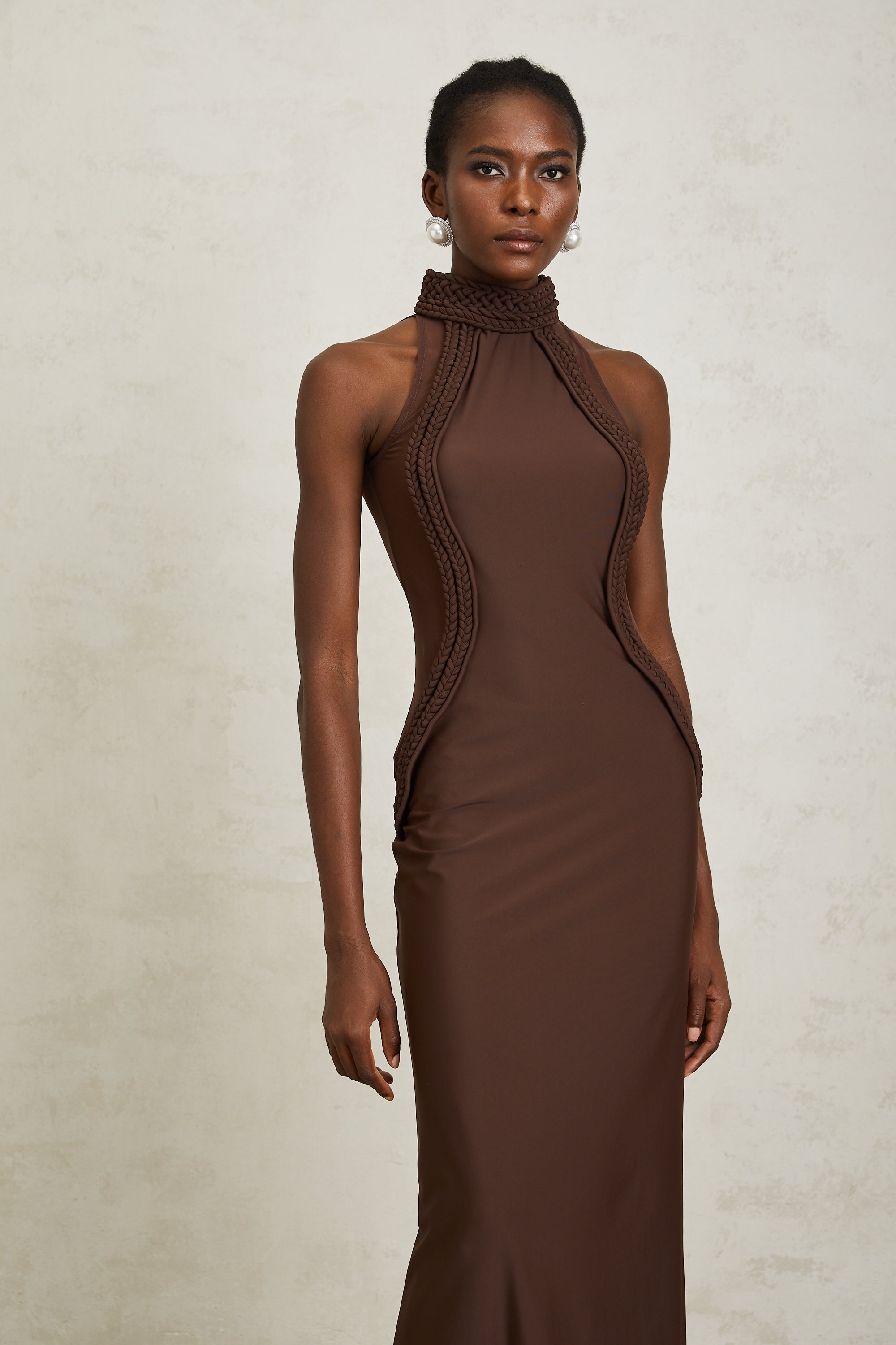 Gabriela Brown Halterneck Braid Detail Maxi Dress