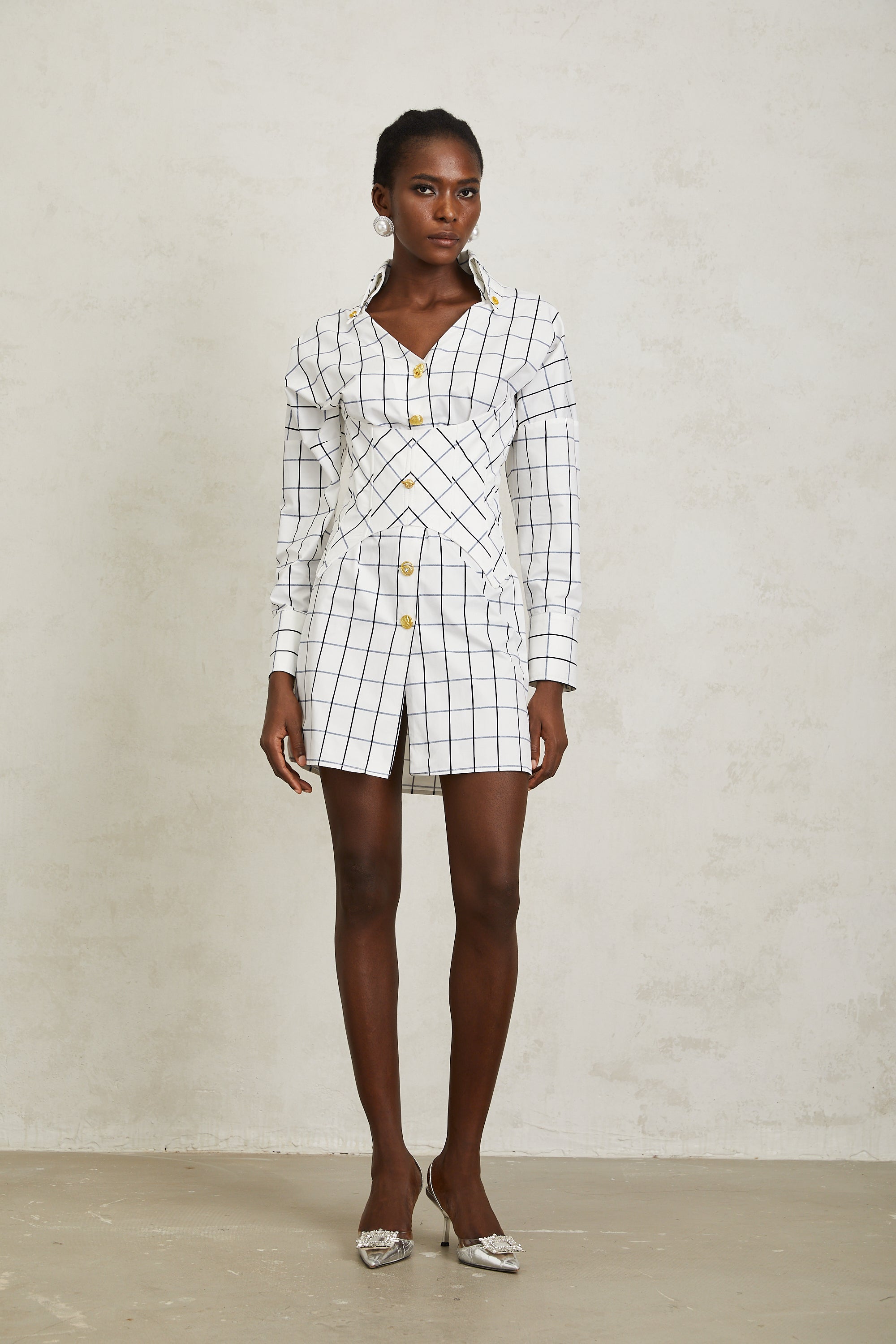 Quintina White Check Pettern Mini Shirt Dress (Final Sale-US Only)