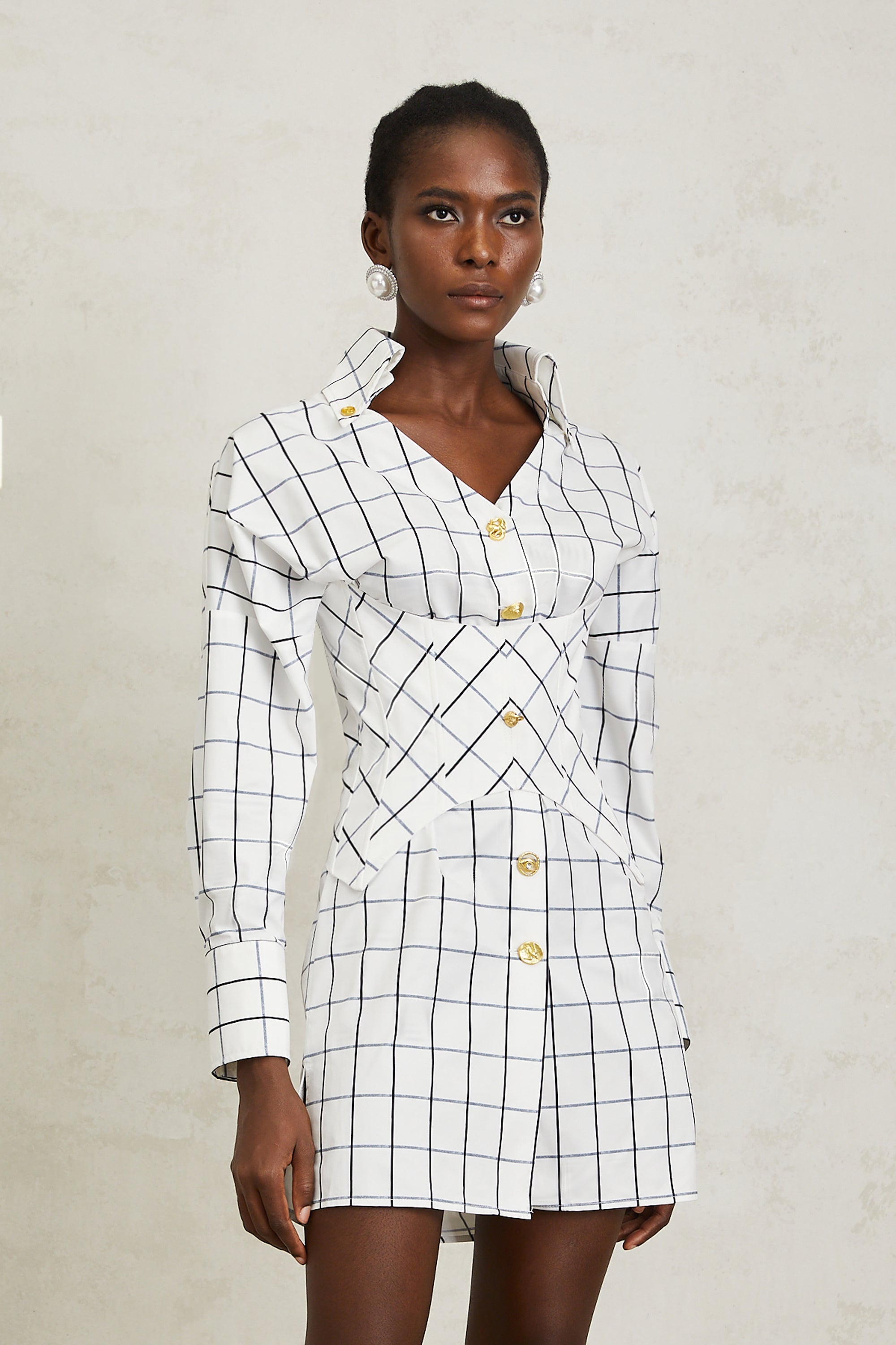 Quintina White Check Pettern Mini Shirt Dress (Final Sale-US Only)