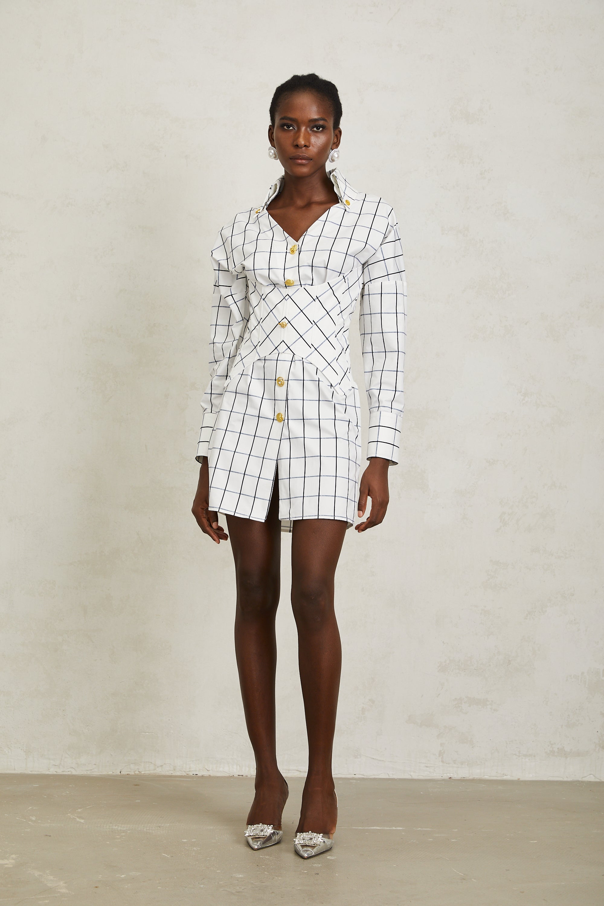 Quintina White Check Pettern Mini Shirt Dress (Final Sale-US Only)