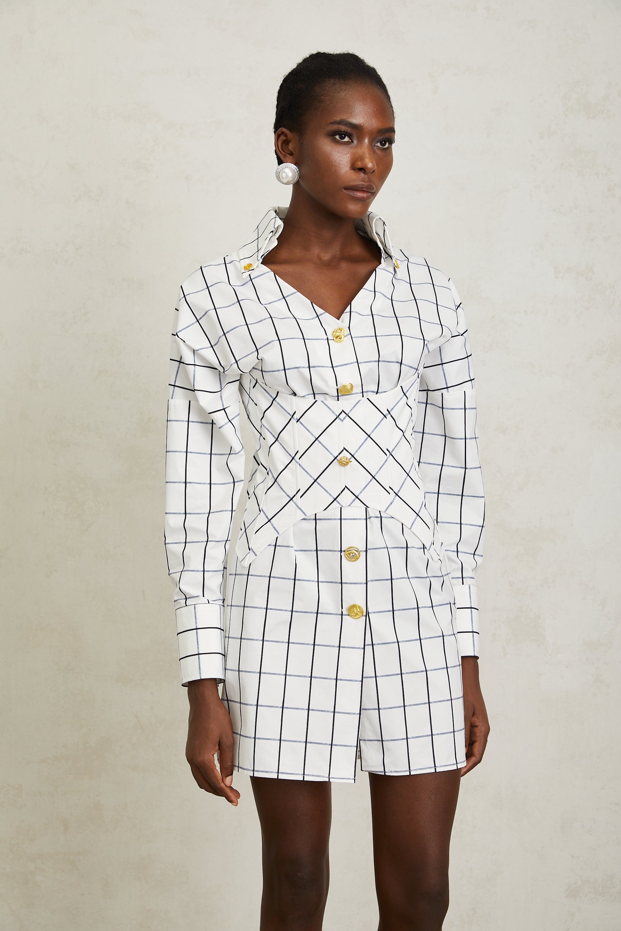 Quintina White Check Pettern Mini Shirt Dress