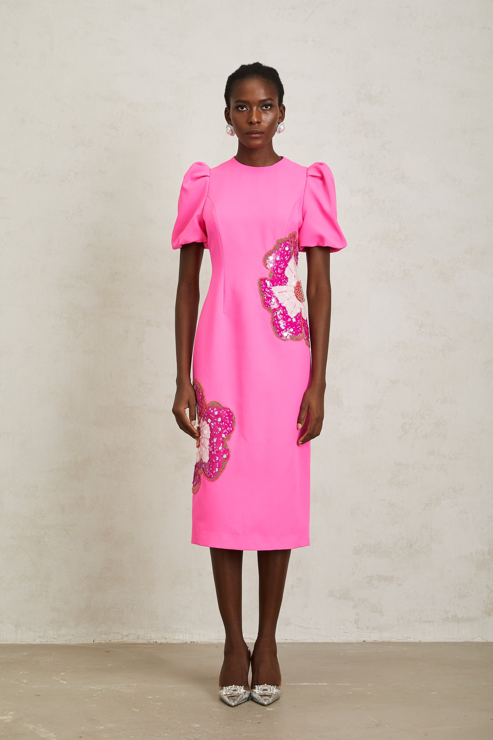 Ángela Pink Embellished Floral Midi Dress
