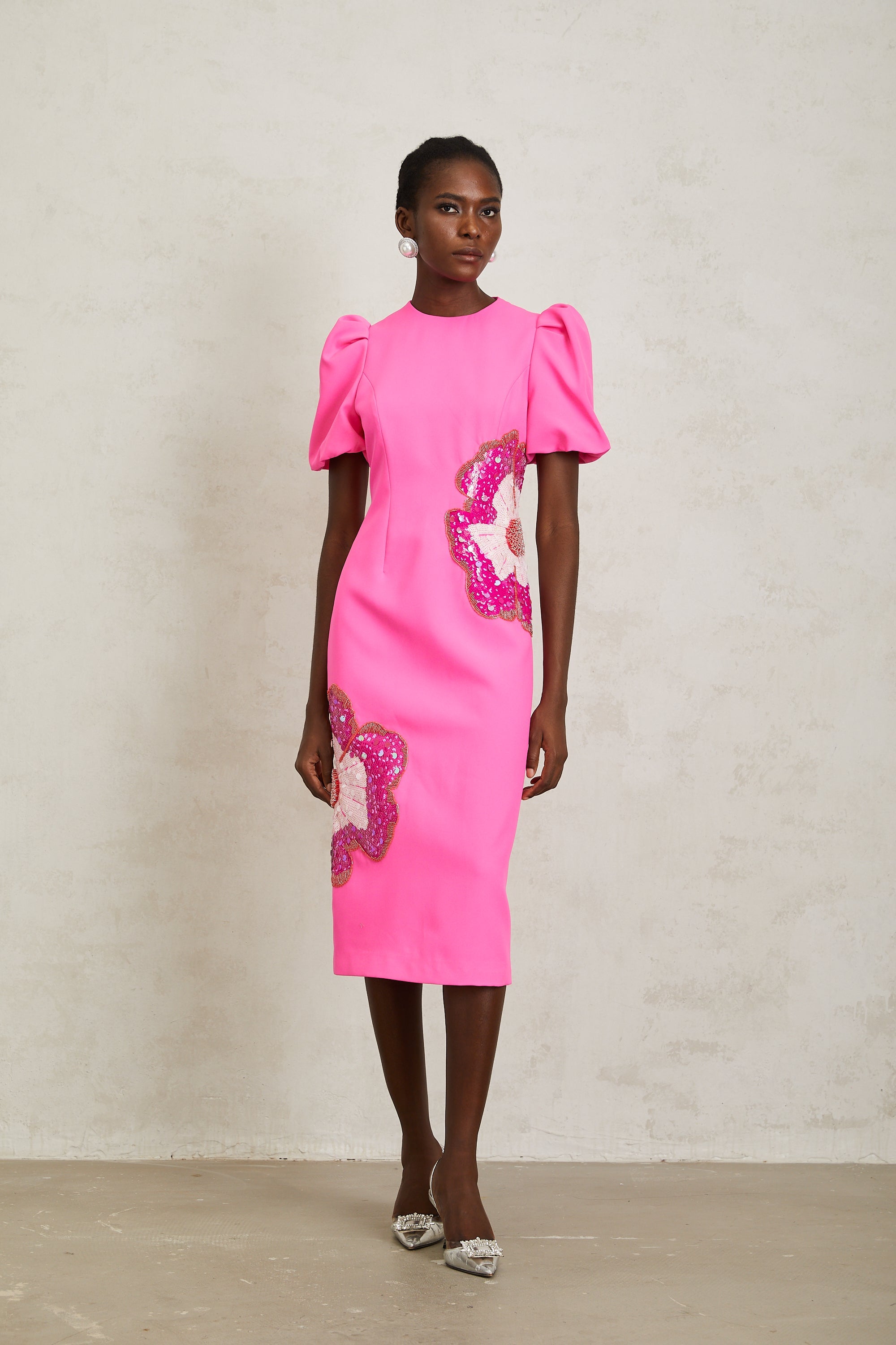 Ángela Pink Embellished Floral Midi Dress