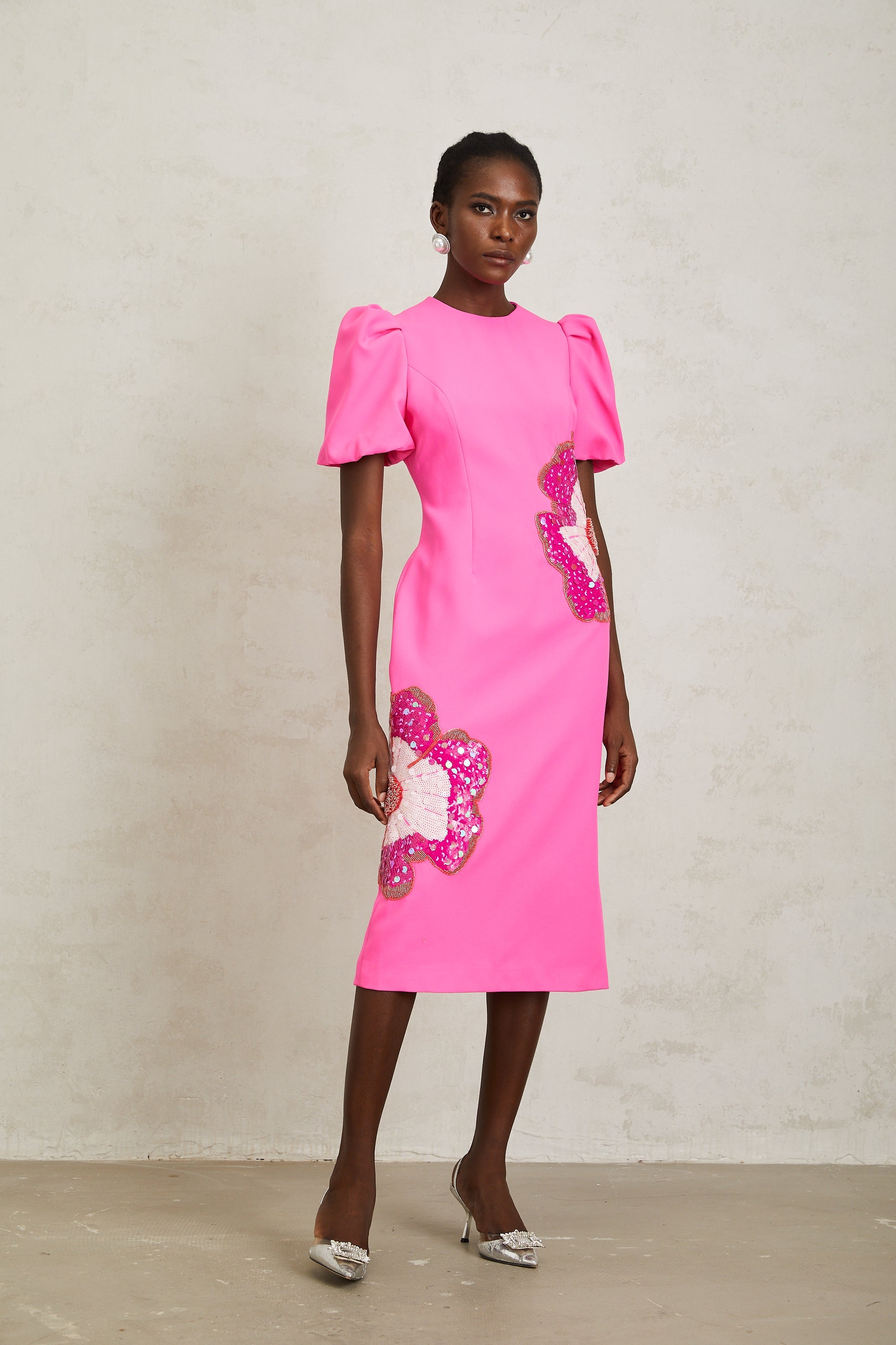 Ángela Pink Embellished Floral Midi Dress