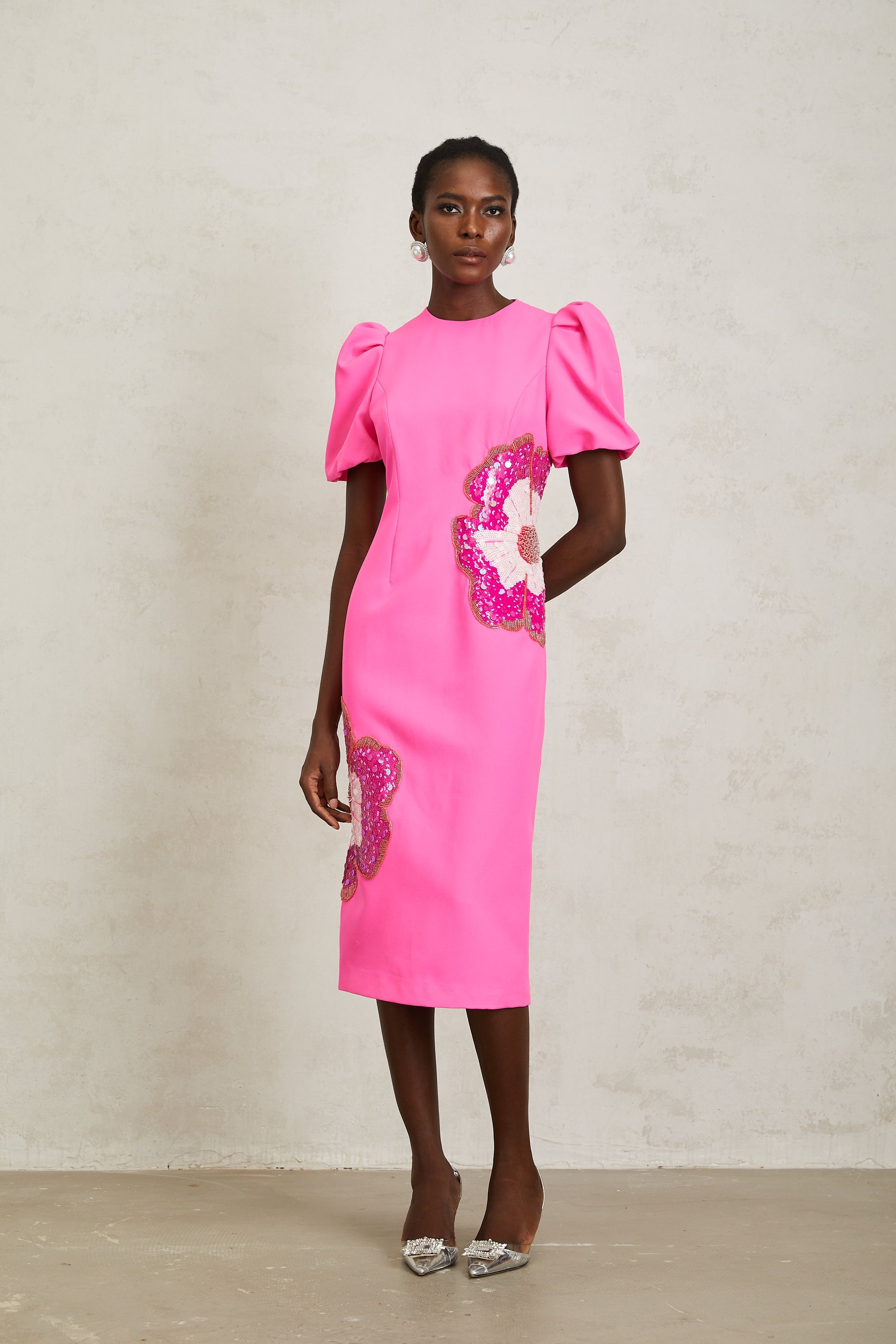 Ángela Pink Embellished Floral Midi Dress
