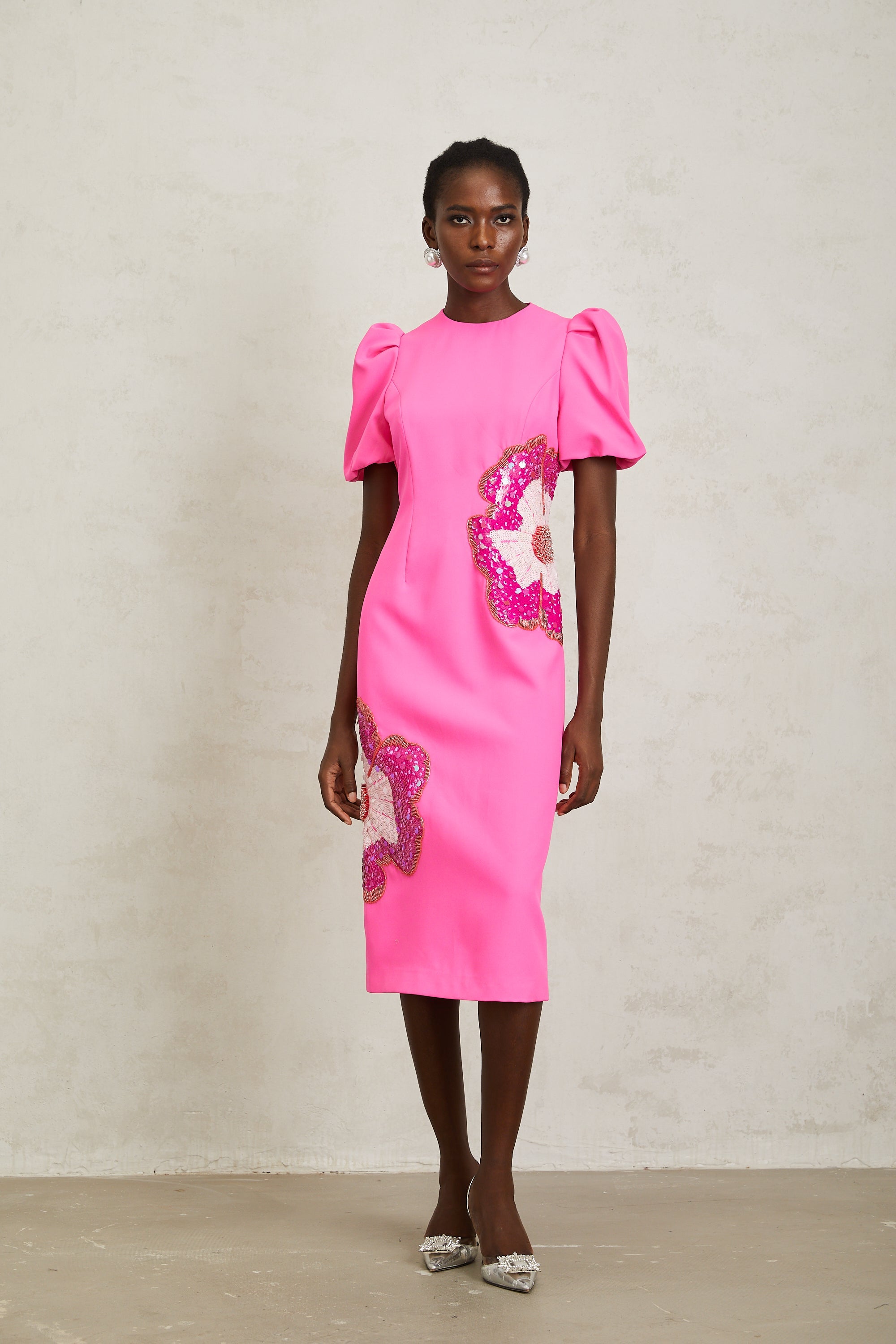 Ángela Pink Embellished Floral Midi Dress