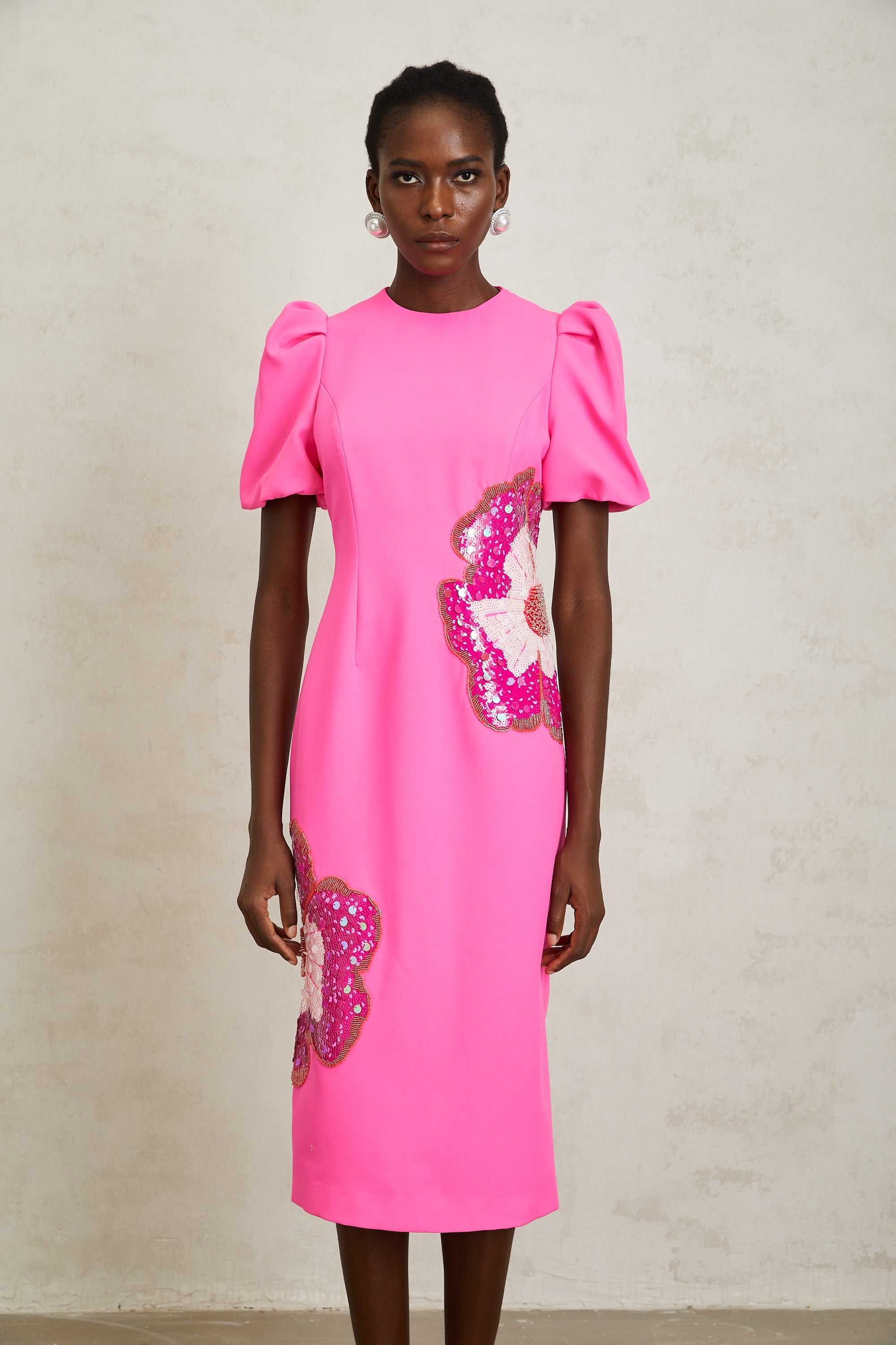 Ángela Pink Embellished Floral Midi Dress