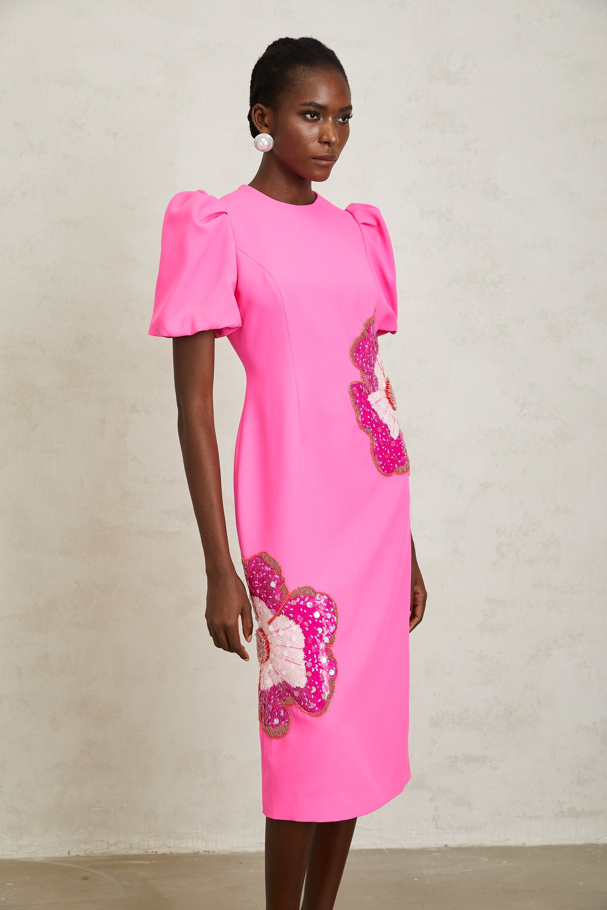 Ángela Pink Embellished Floral Midi Dress
