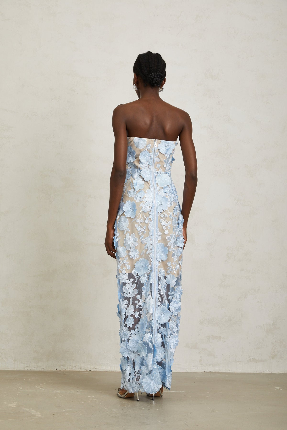 Brigitte Blue Floral Appliqué Corset Maxi Dress